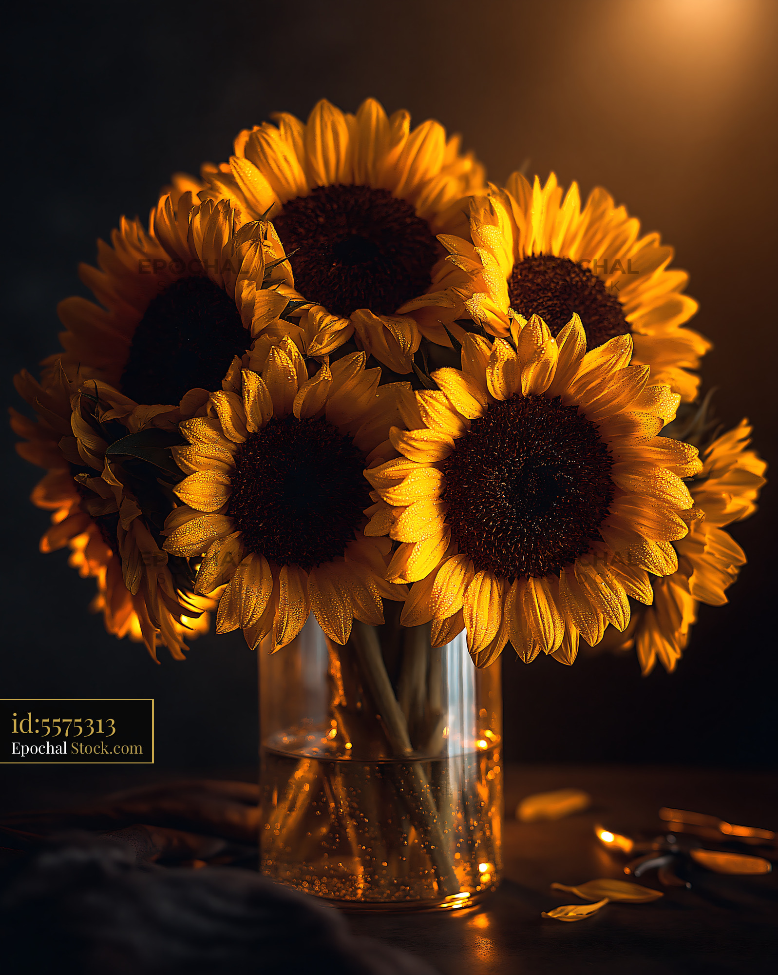 Sunflower bouquet in a glass vase on a city balcony at night - stock photo