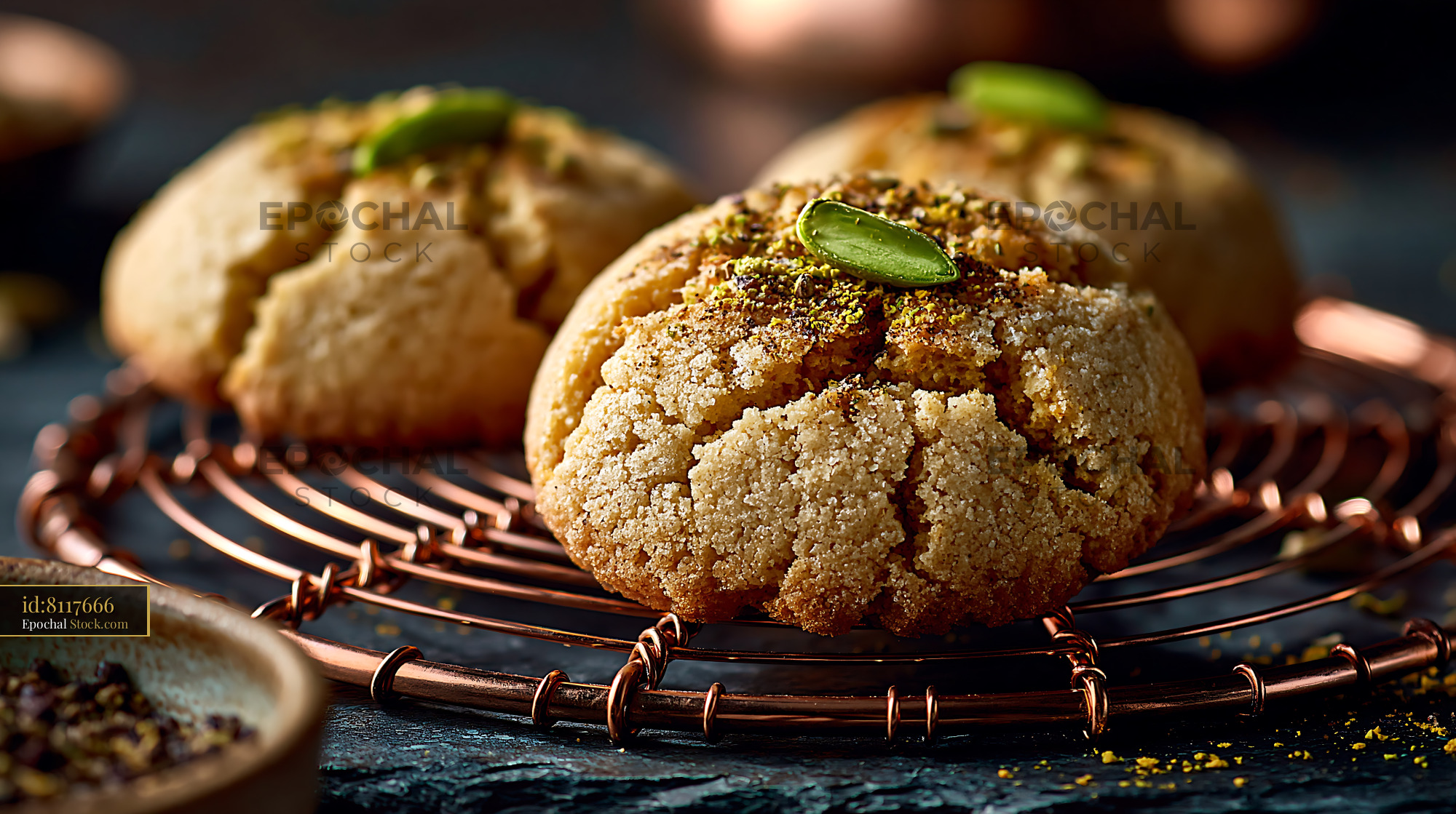 Homemade cardamom chickpea biscuits with pistachios on copper rack - stock photo