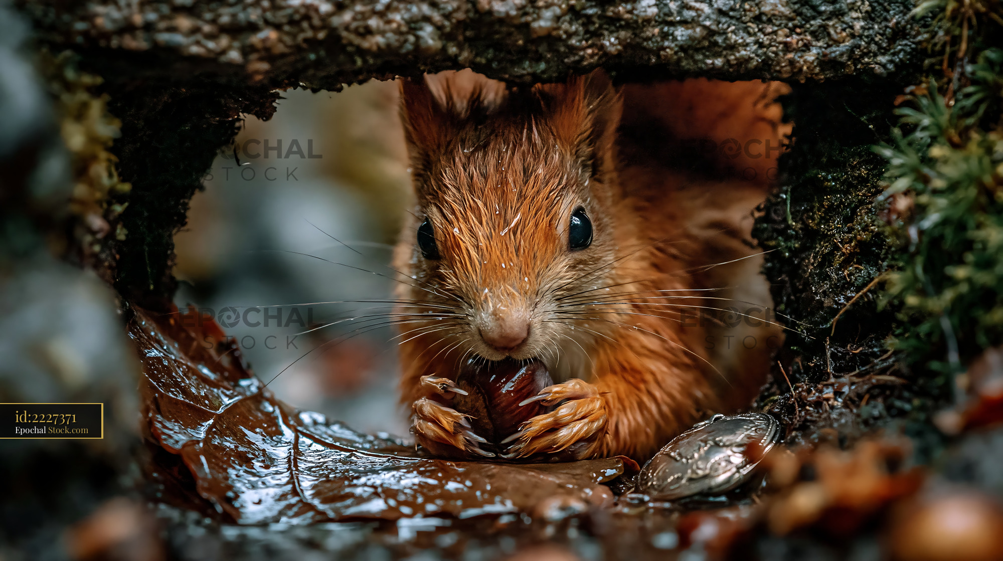 Red squirrel holding a nut while peeking out of a hollow log - stock photo