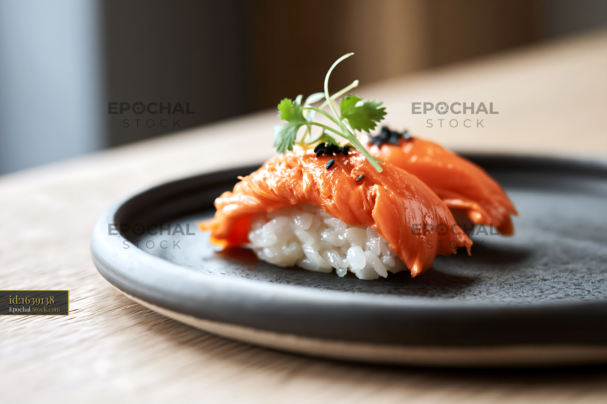 Vegan jackfruit nigiri sushi as salmon alternative on dark plate - stock photo