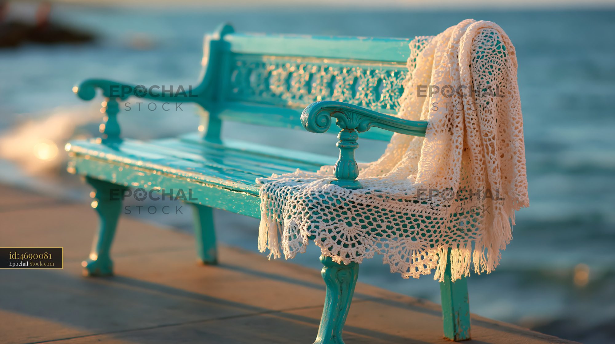 Turquoise vintage balcony bench with white crochet throw by the sea - stock photo