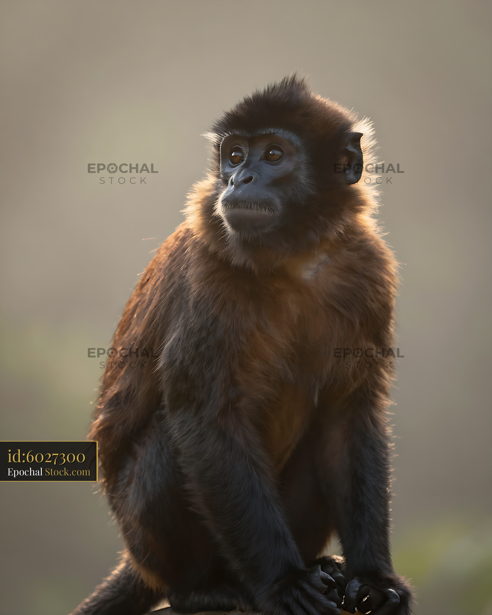 Night monkey sitting in soft golden light at dawn - stock photo
