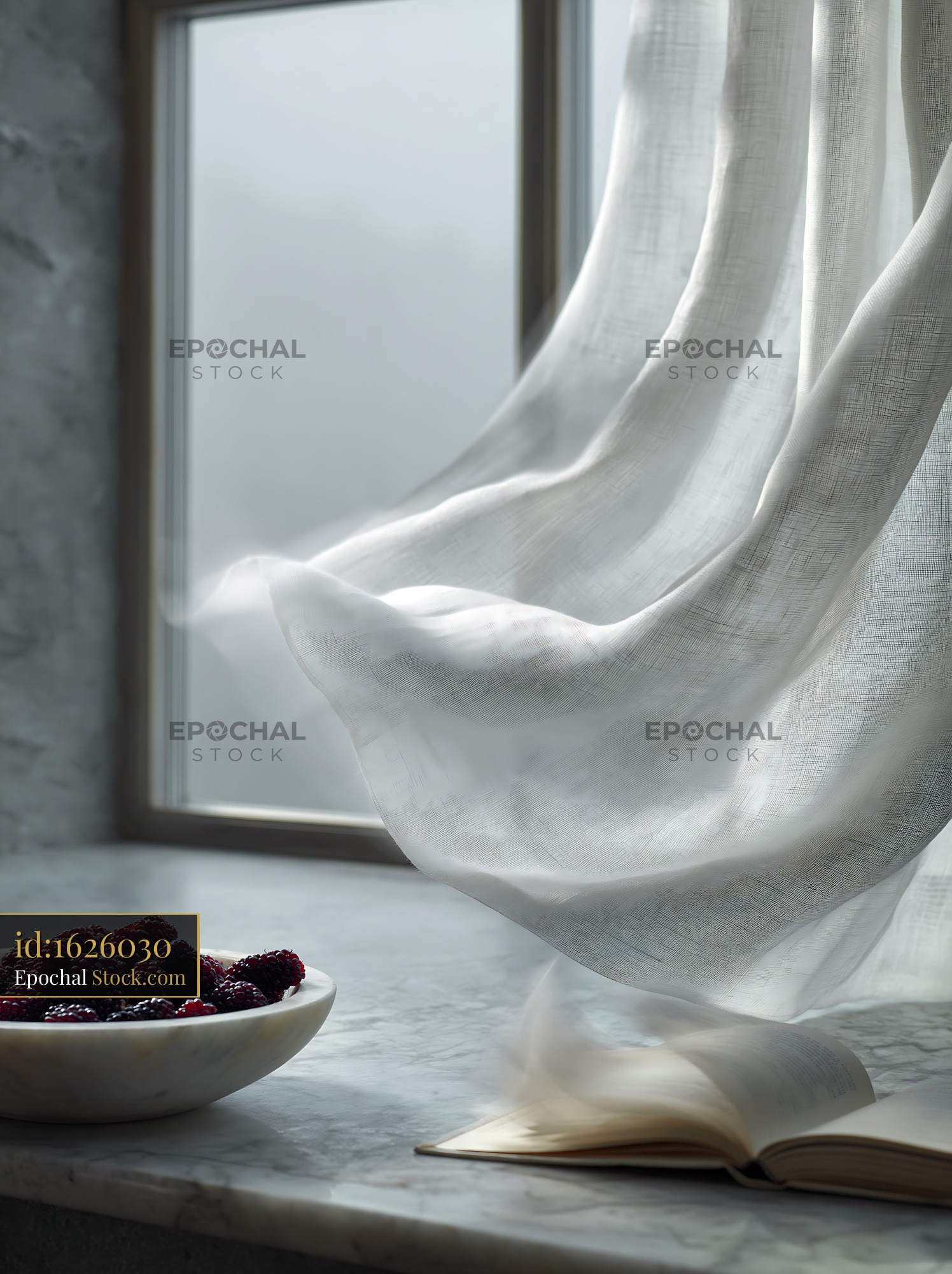 White linen curtains blowing in the breeze by a window with berries - stock photo