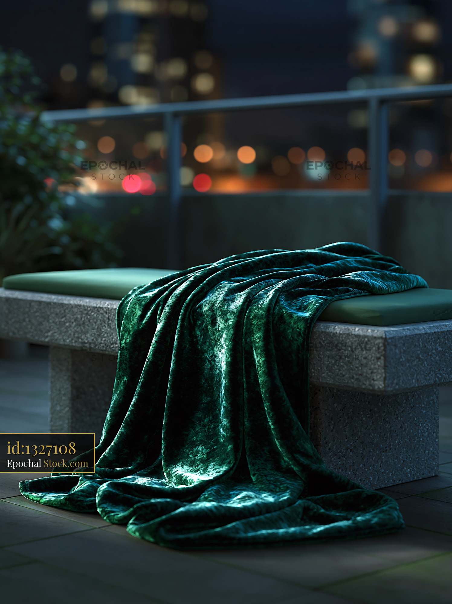 Green velvet throw blanket on a stone balcony bench at night - stock photo