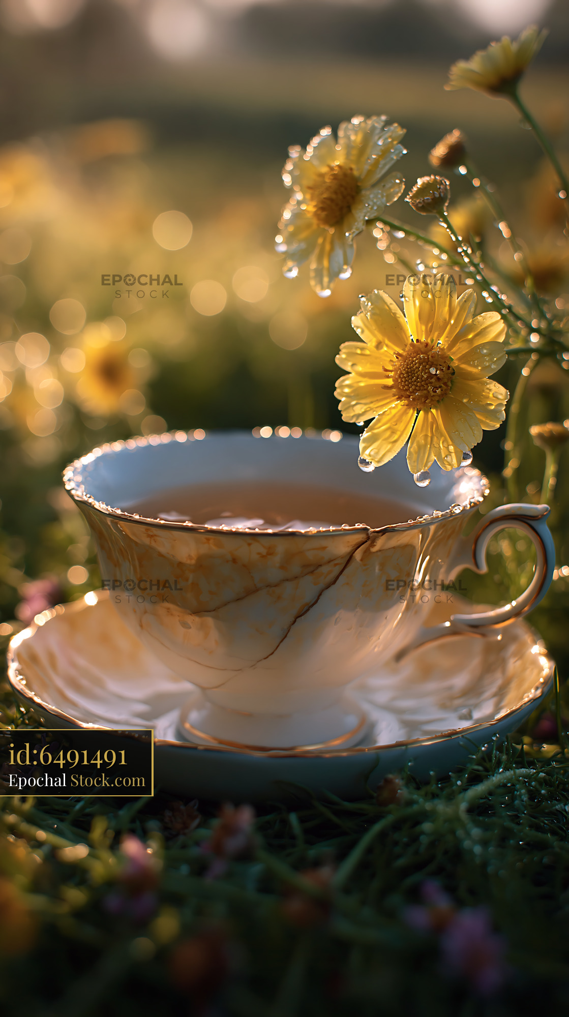 Vintage tea cup in a flower meadow at golden hour - stock photo