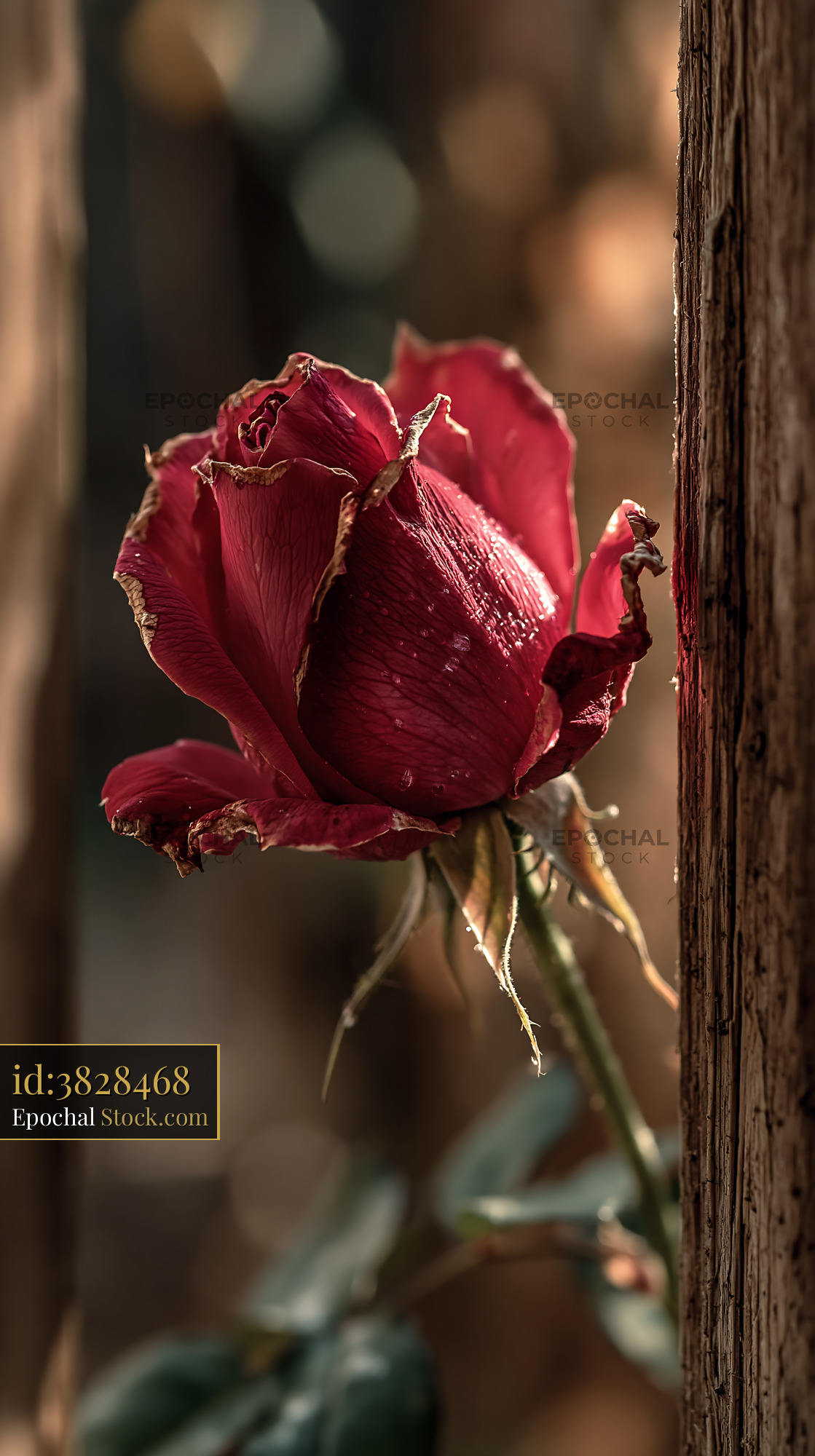 Single red rose withering against a wooden post during golden hour - stock photo