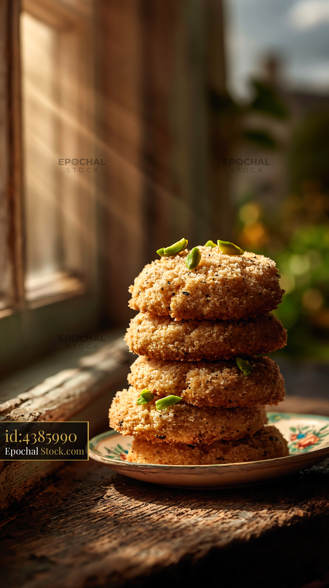 Stack of cardamom chickpea biscuits on a rustic wooden windowsill - stock photo