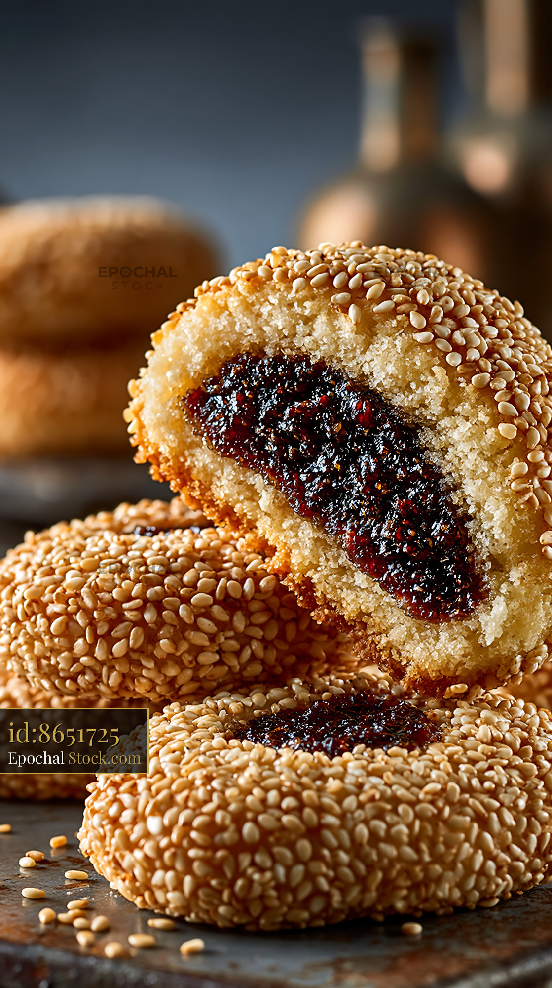 Rose water biscuits with sesame seeds and dark fruit filling - stock photo