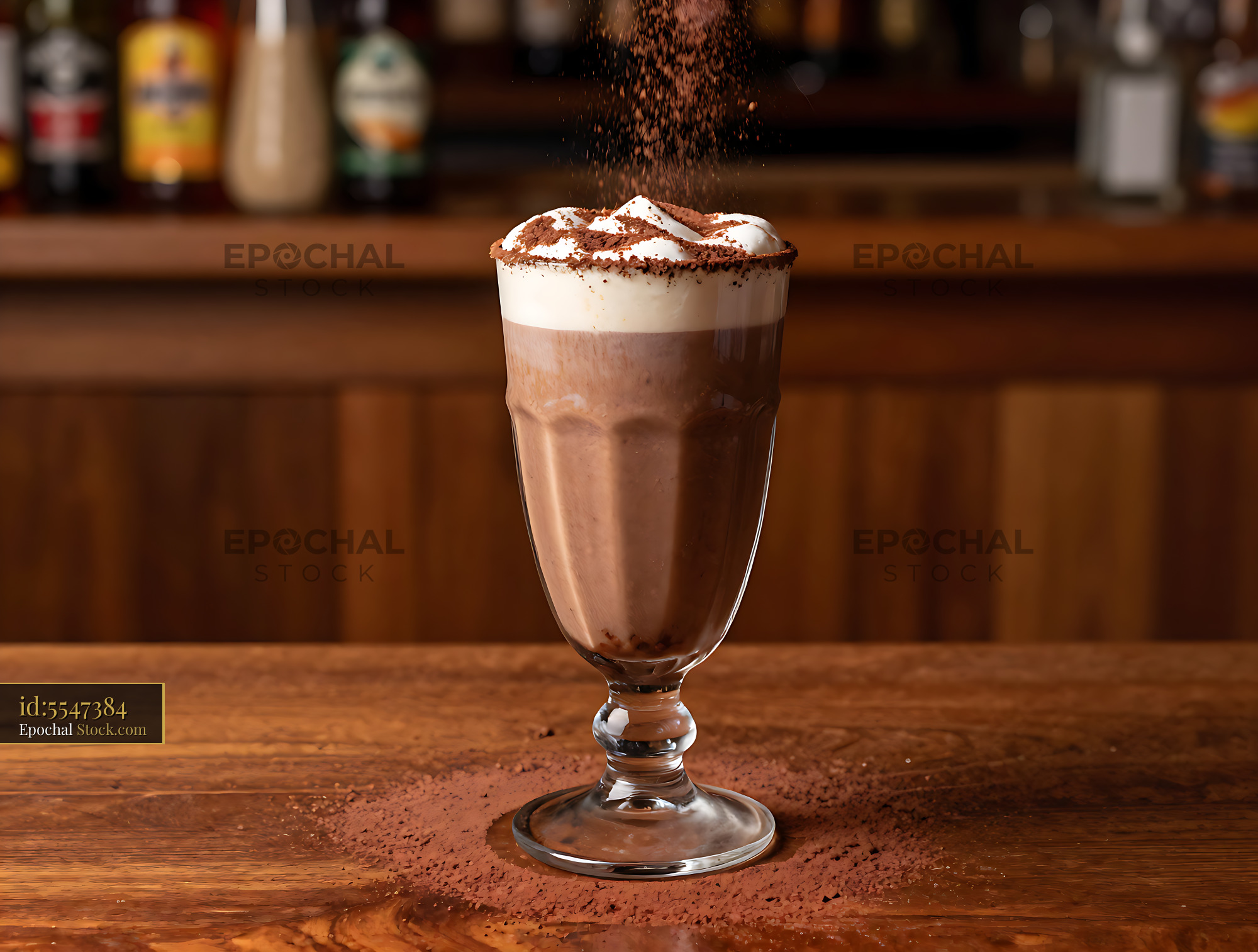Cupuacu cream smoothie with whipped cream and cocoa powder on a bar - stock photo