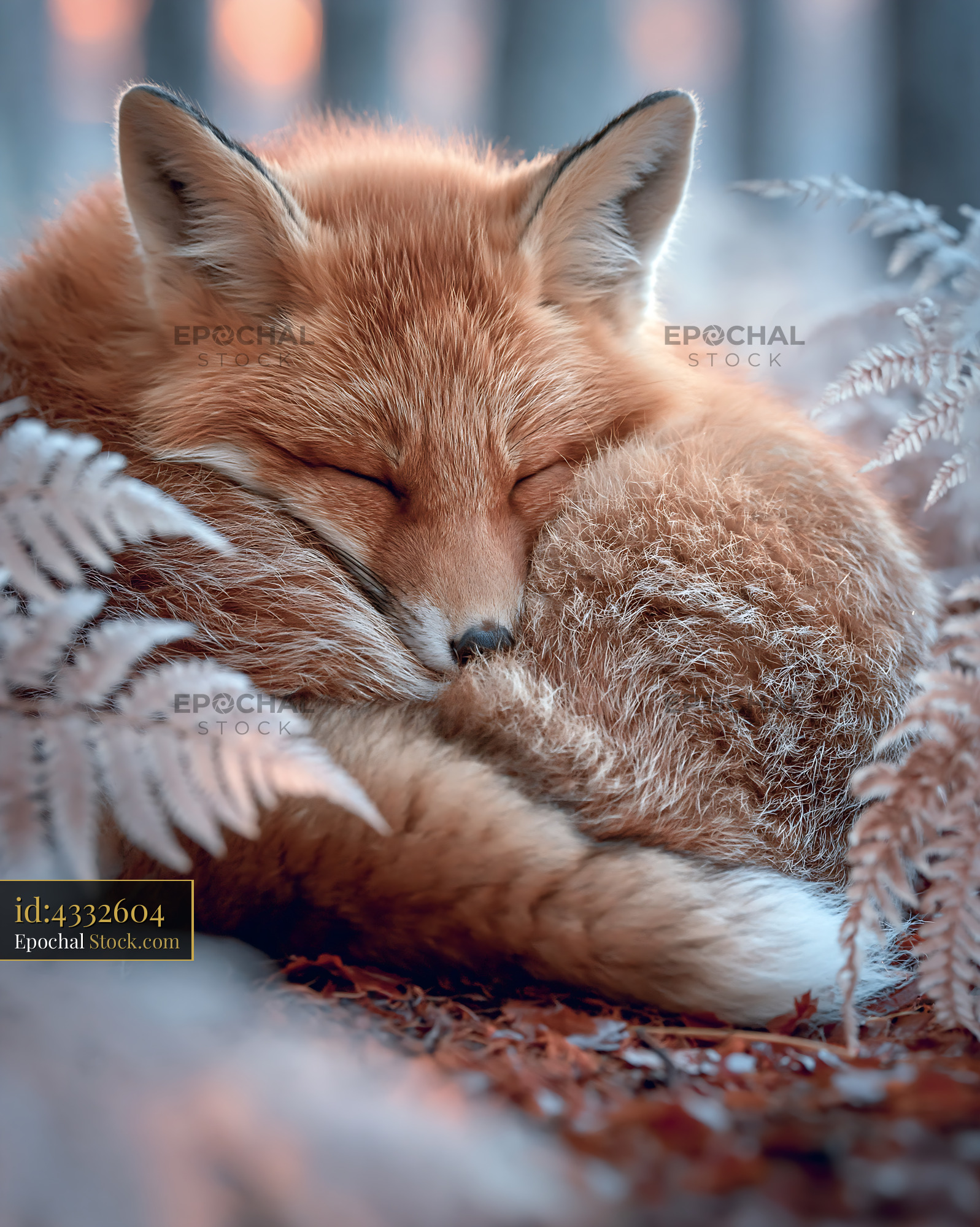Red fox curled up sleeping peacefully in an autumn forest - stock photo
