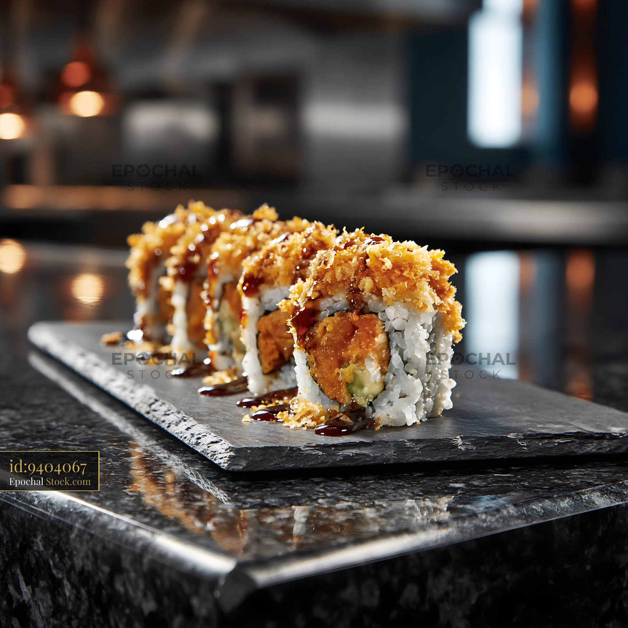 Crispy sweet potato crunch sushi rolls served on a dark slate platter - stock photo