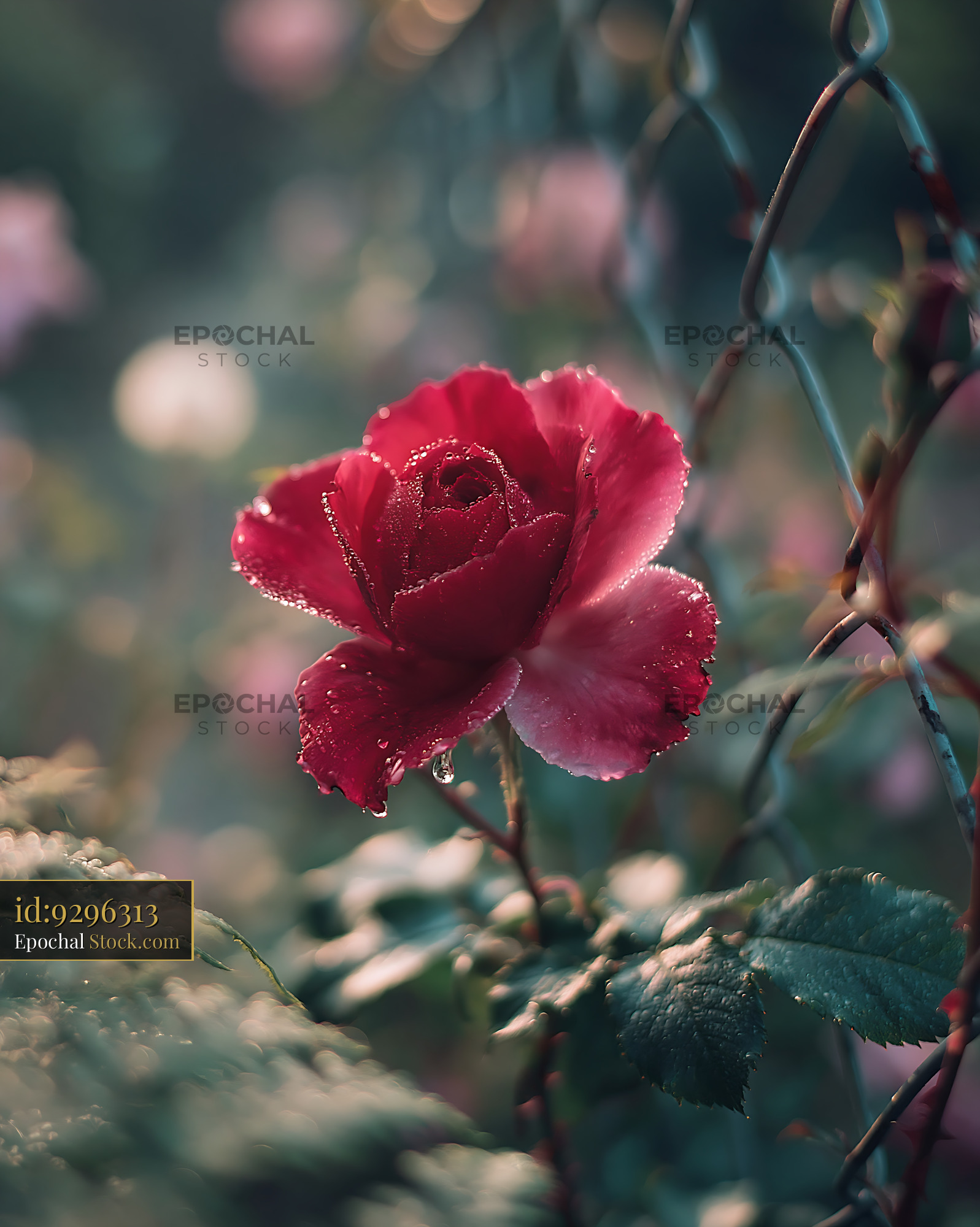 Red rose with morning dew on petals growing near a wire fence - stock photo