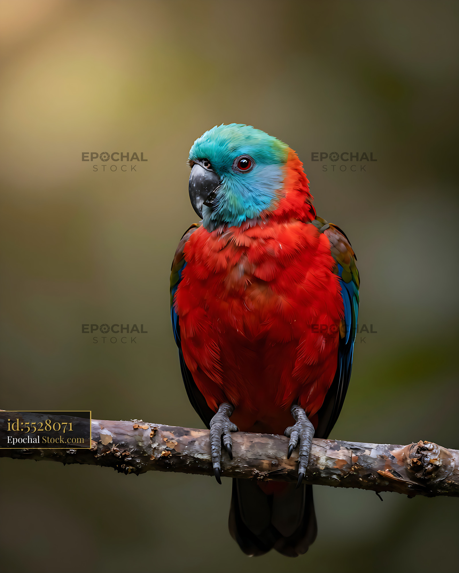 Wilson's bird-of-paradise with vibrant red plumage on a forest branch - stock photo