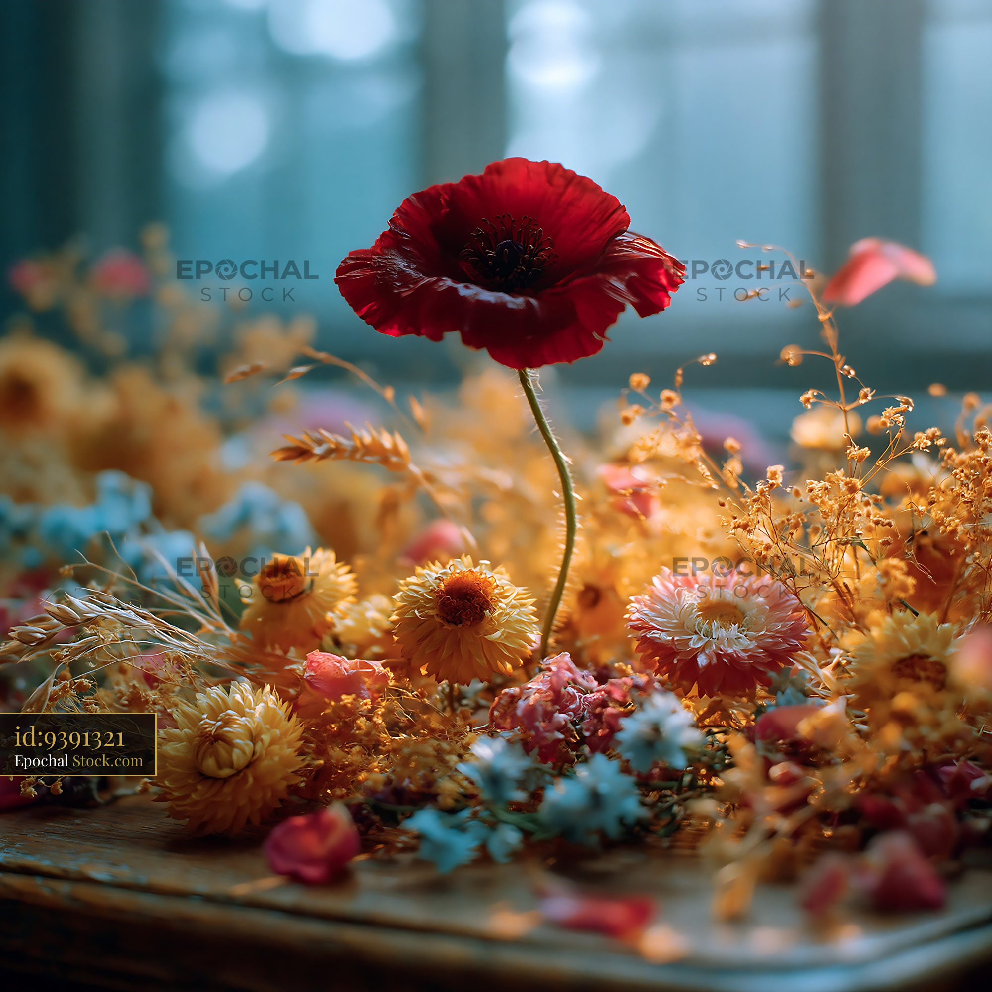 Red poppy flower standing among dried meadow flowers on wooden table - stock photo