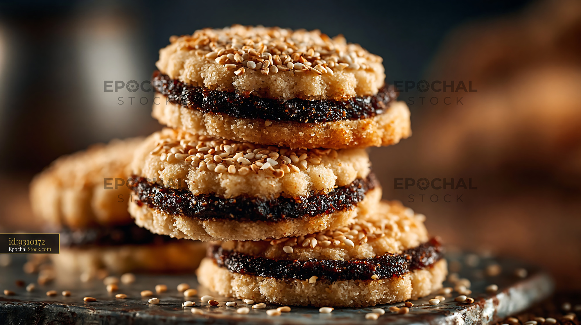 Stack of homemade tahini date biscuits topped with sesame seeds - stock photo