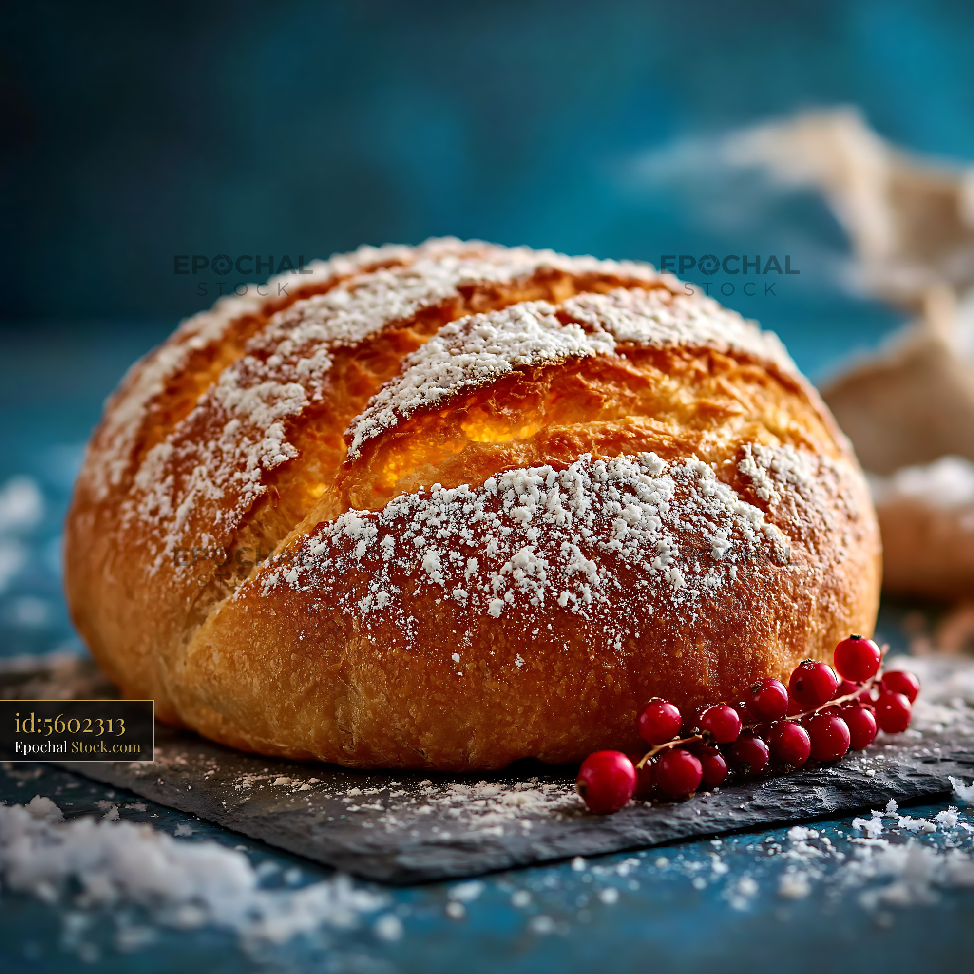 Salt rising german bread dusted with flour beside red currants - stock photo