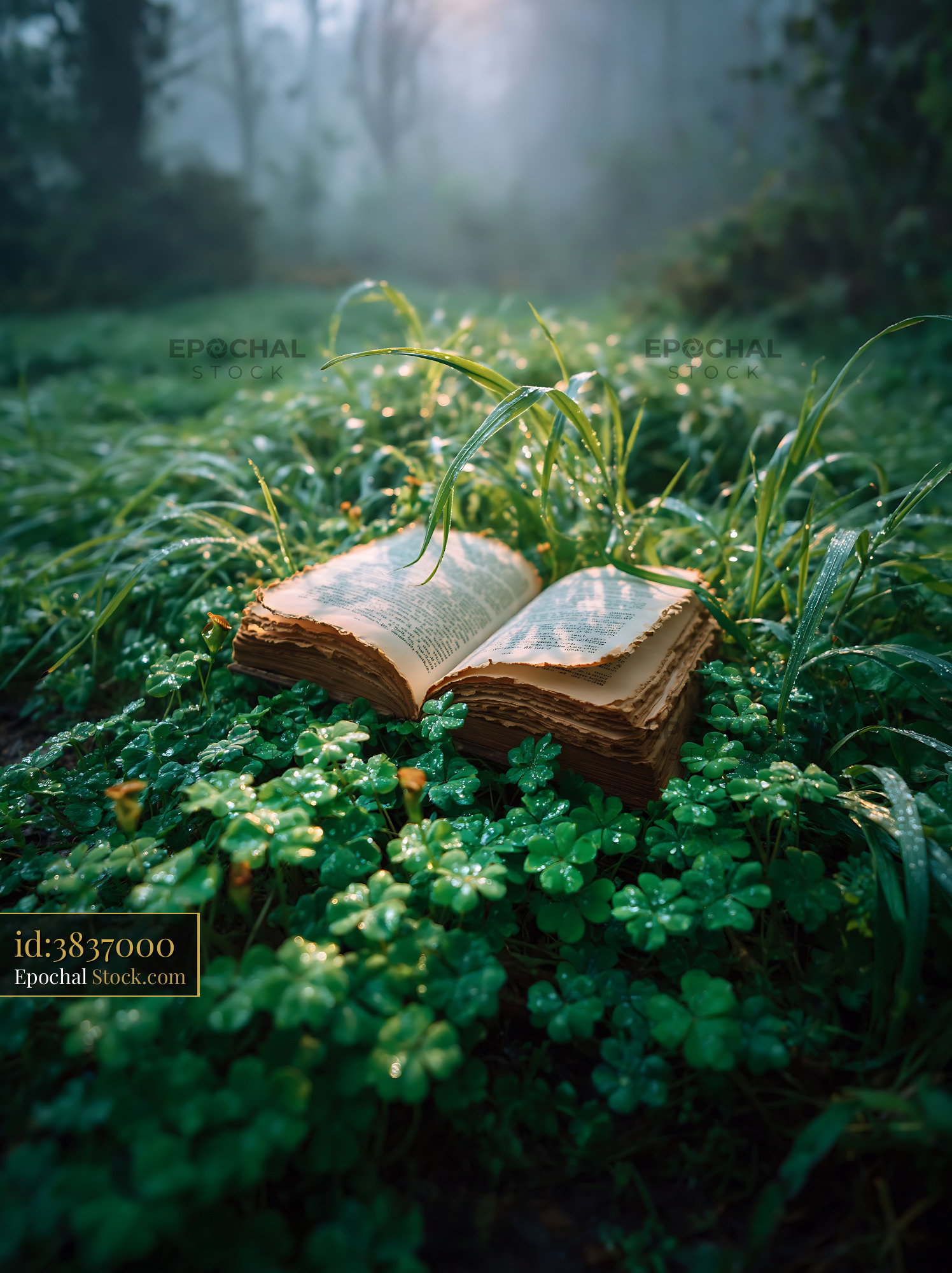 Old open book on grass surrounded by clover and morning dew - stock photo