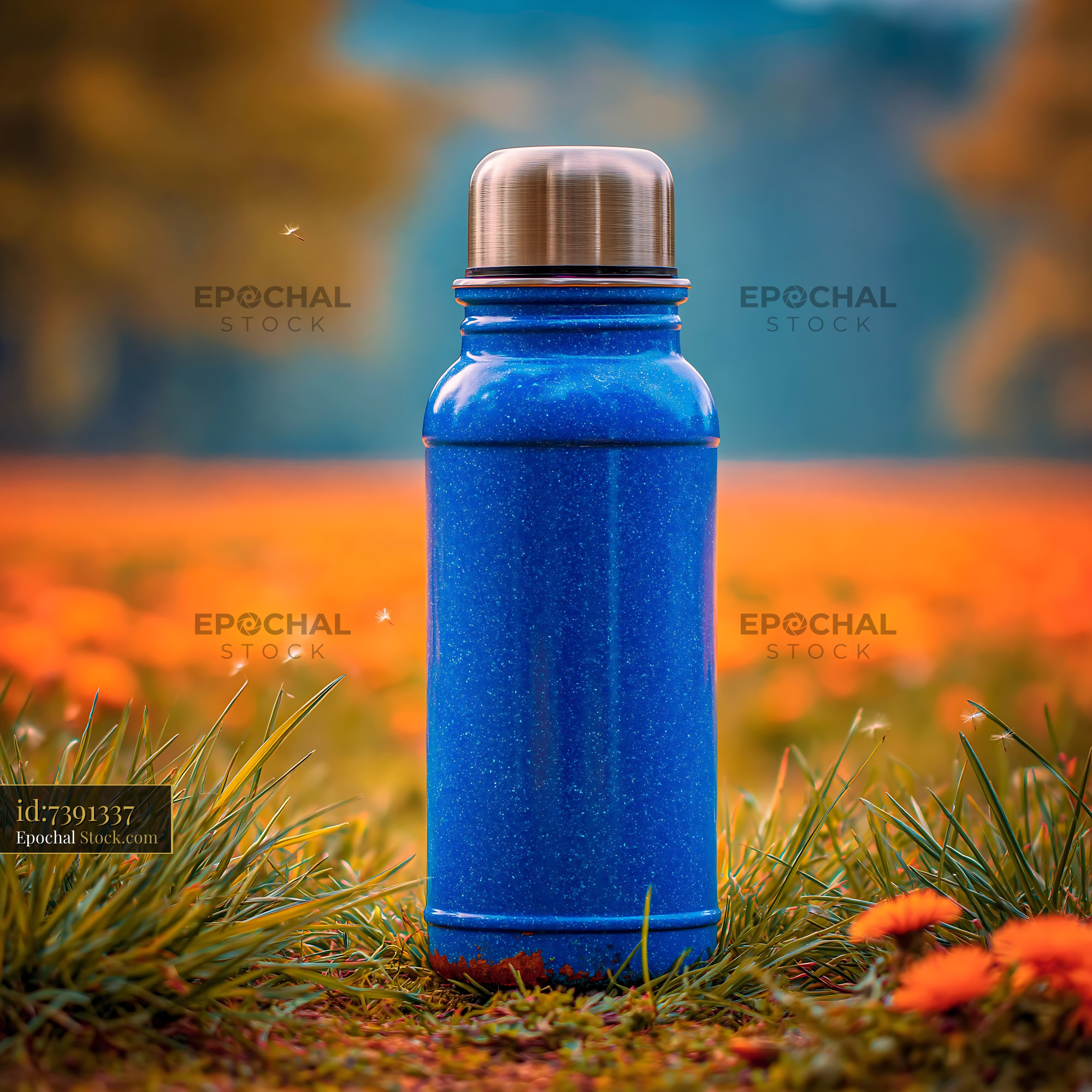 Blue vintage thermos standing in a spring meadow with orange flowers - stock photo