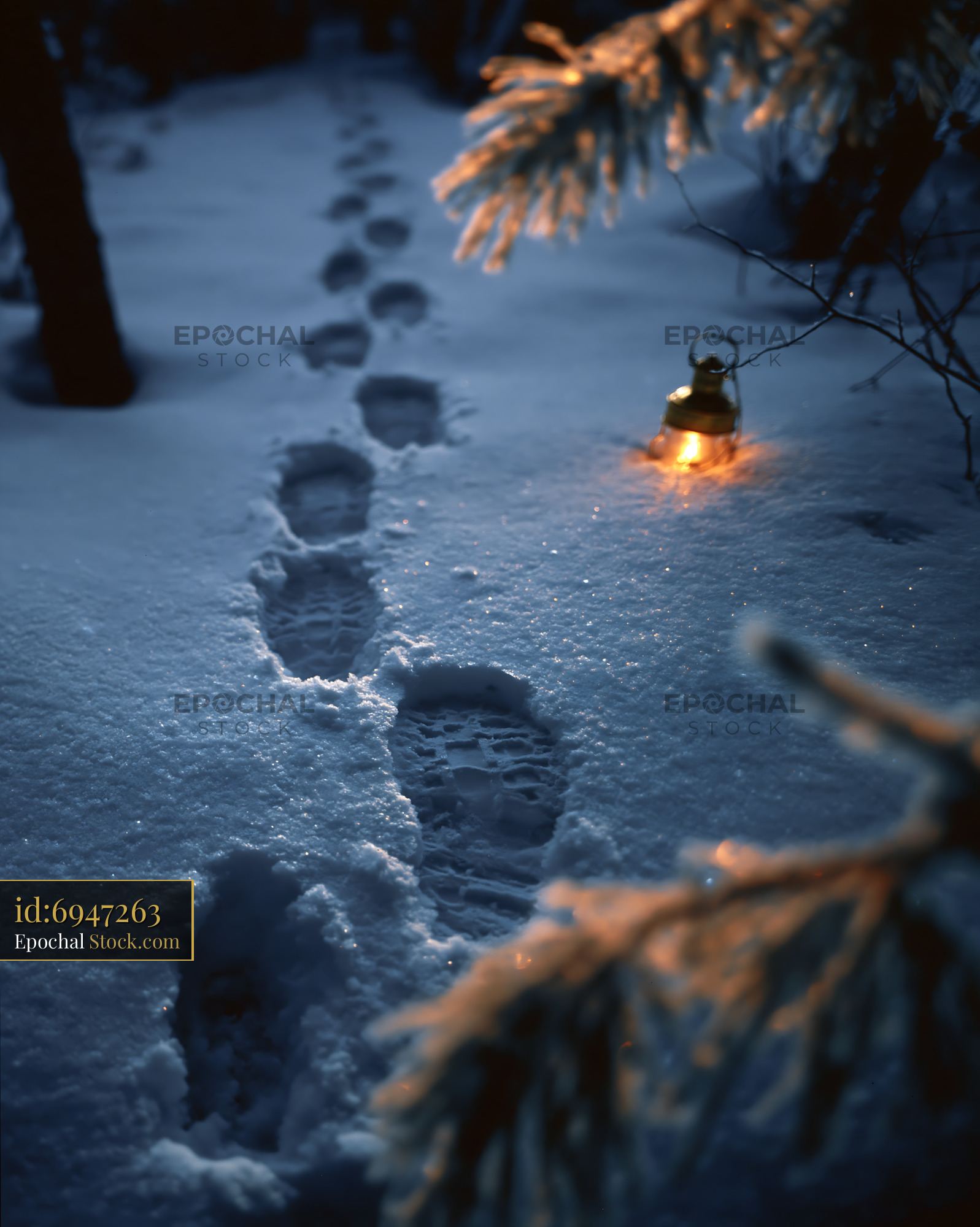 Footprints in deep snow with a glowing lantern in a winter forest - stock photo