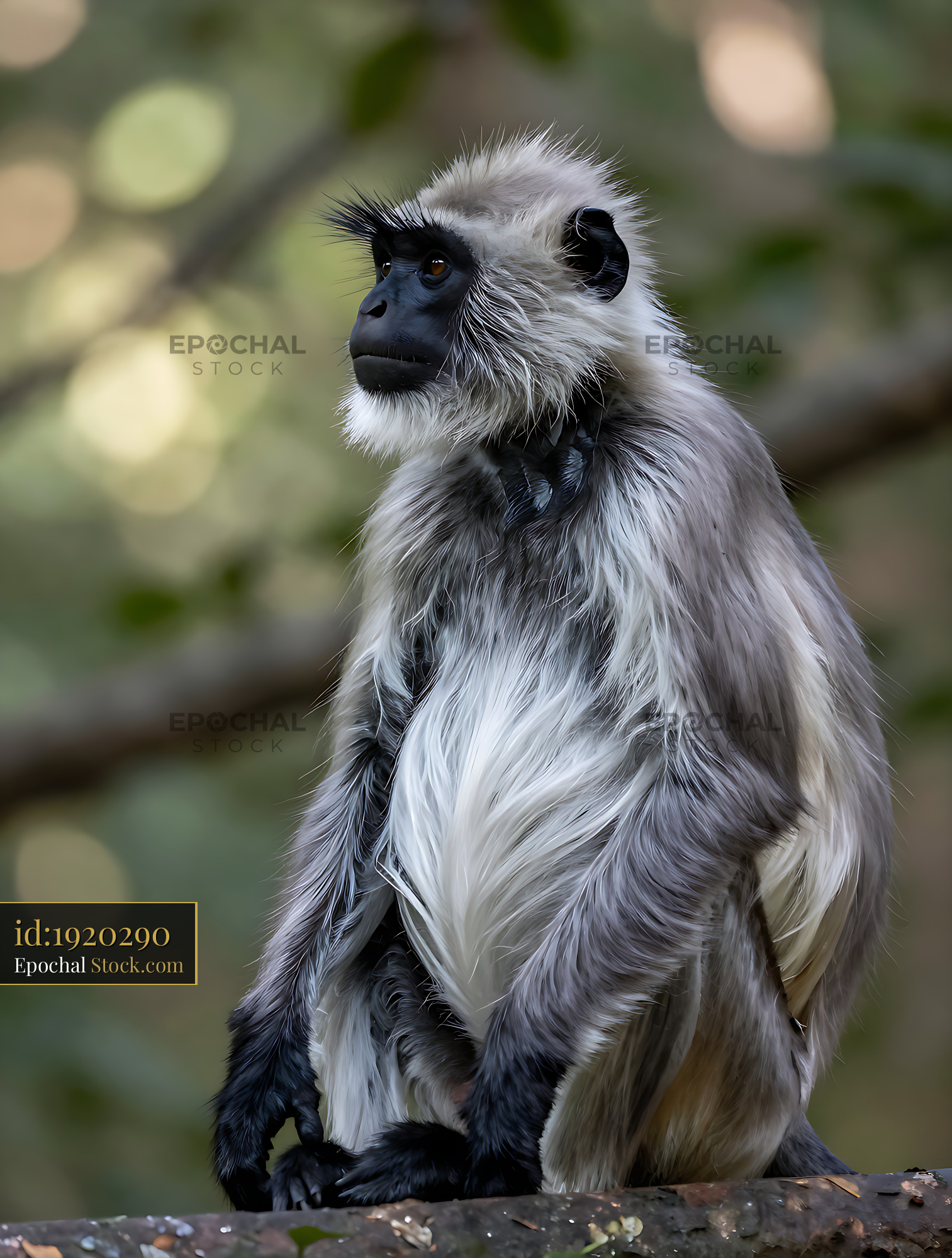 Gray langur monkey sitting on a tree branch in a lush forest - stock photo