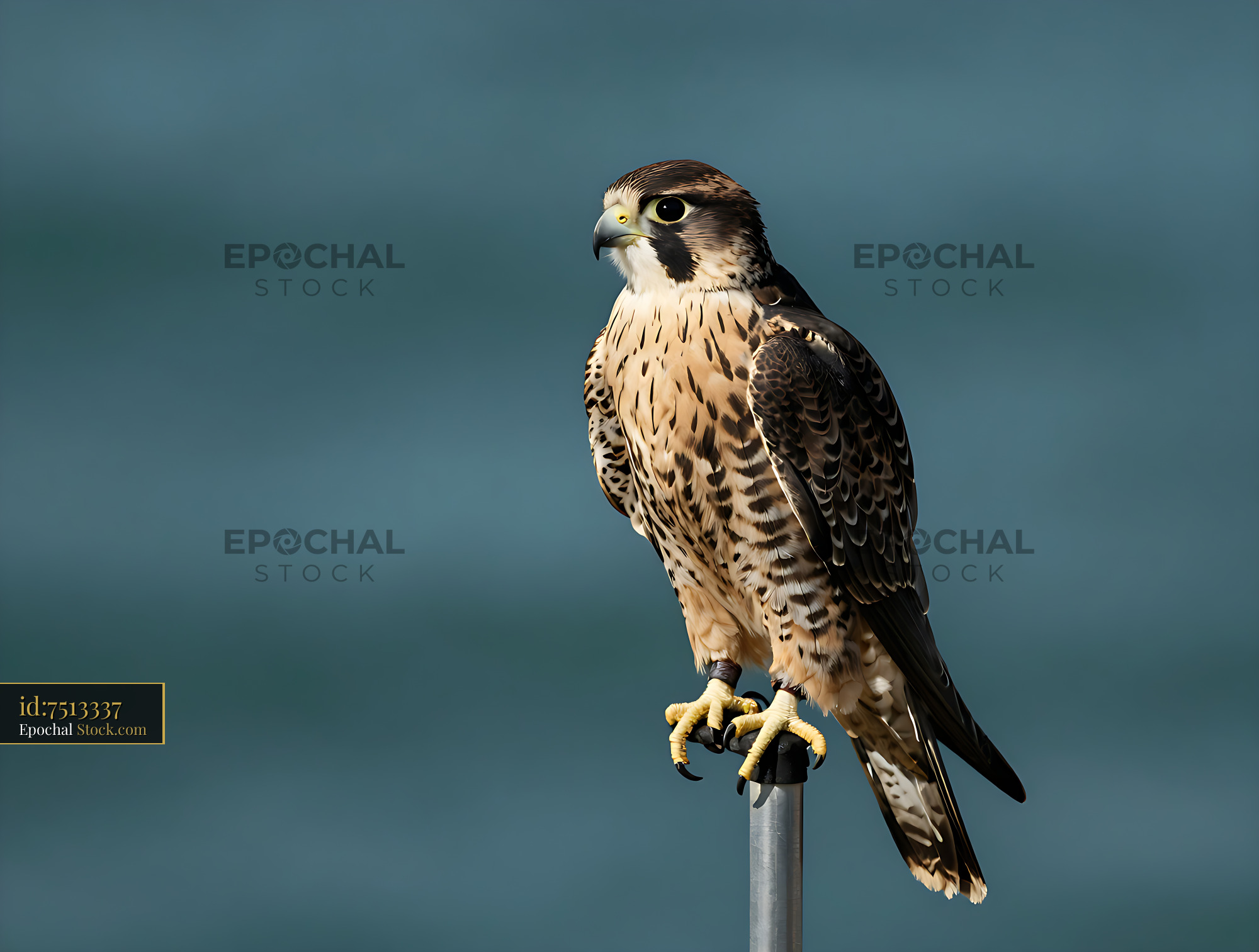 Peregrine falcon perched on a metal pole against a blue background - stock photo