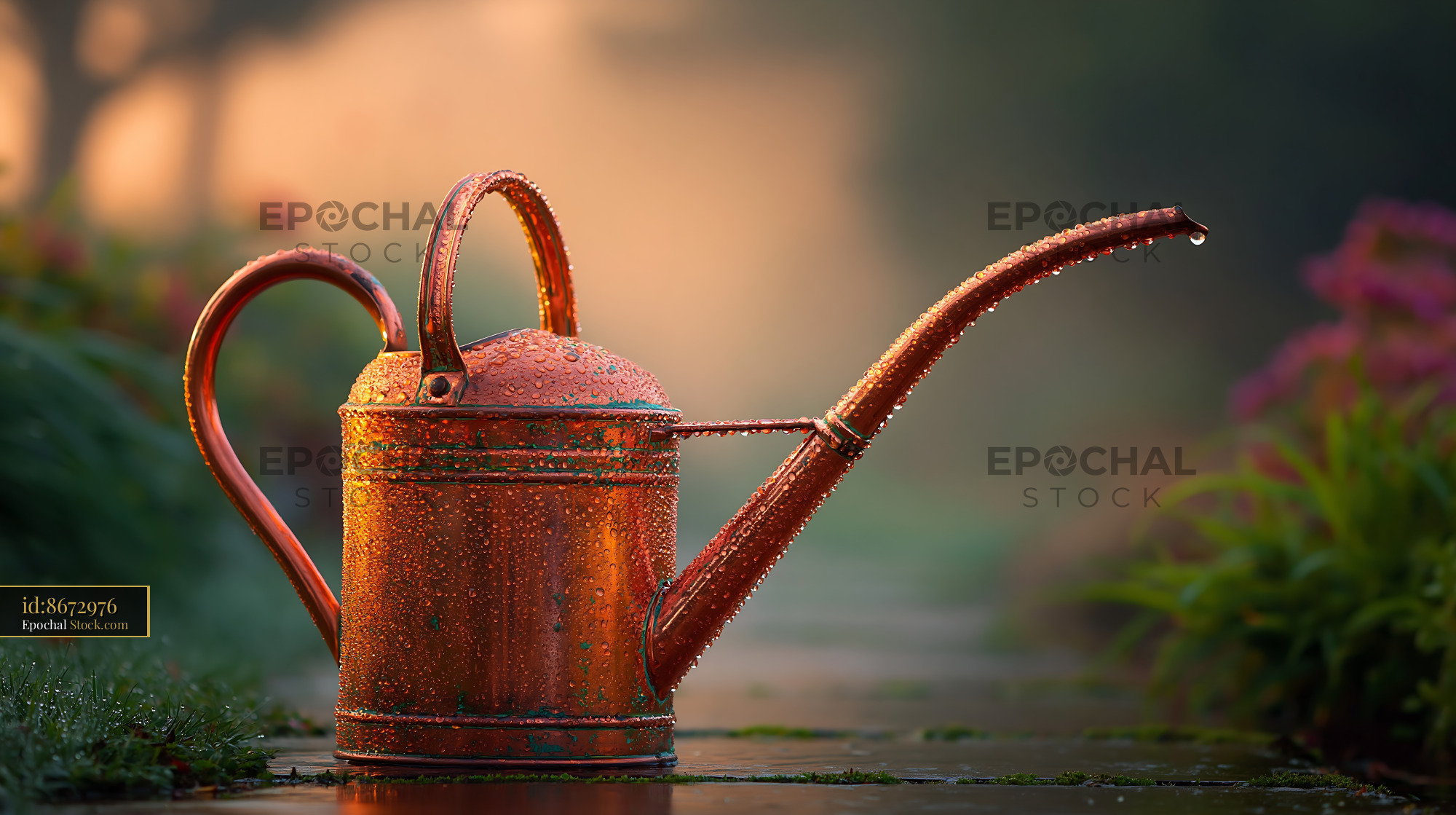 Vintage copper watering can with water droplets in morning mist - stock photo