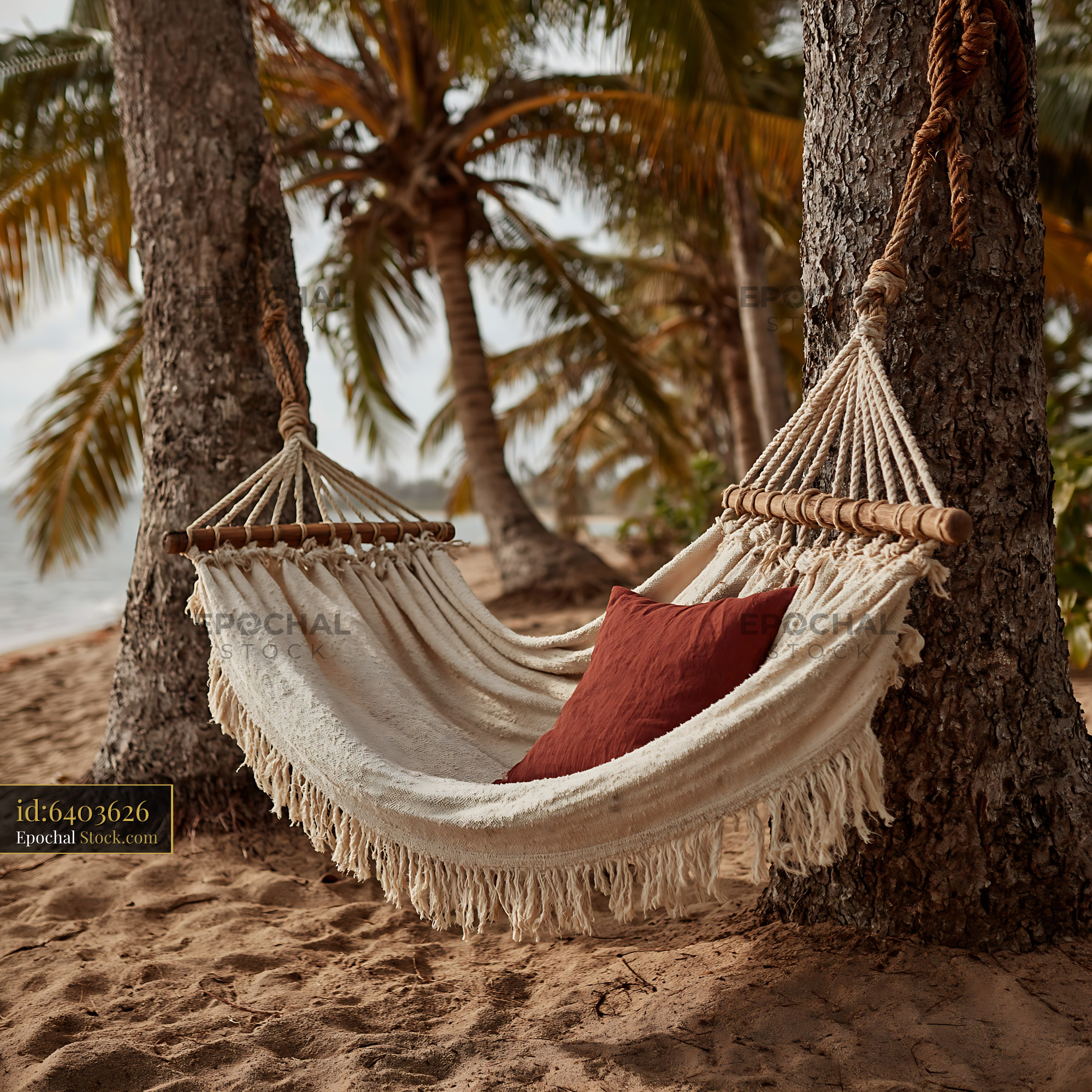 Comfortable hammock with pillow between palm trees on a tropical beach - stock photo