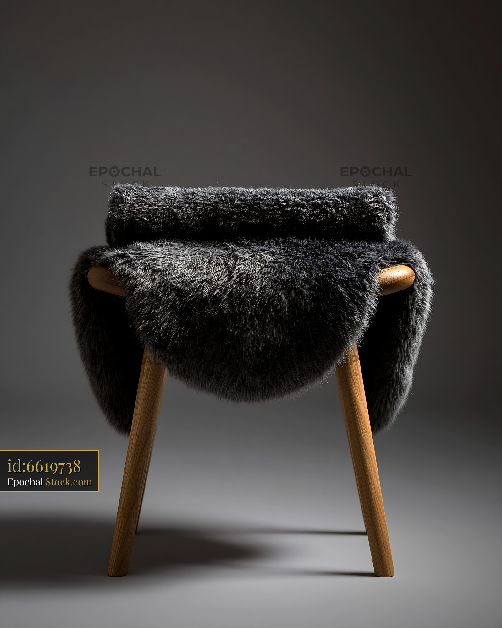 Wooden seat with throw of soft grey faux fur in moody studio - stock photo