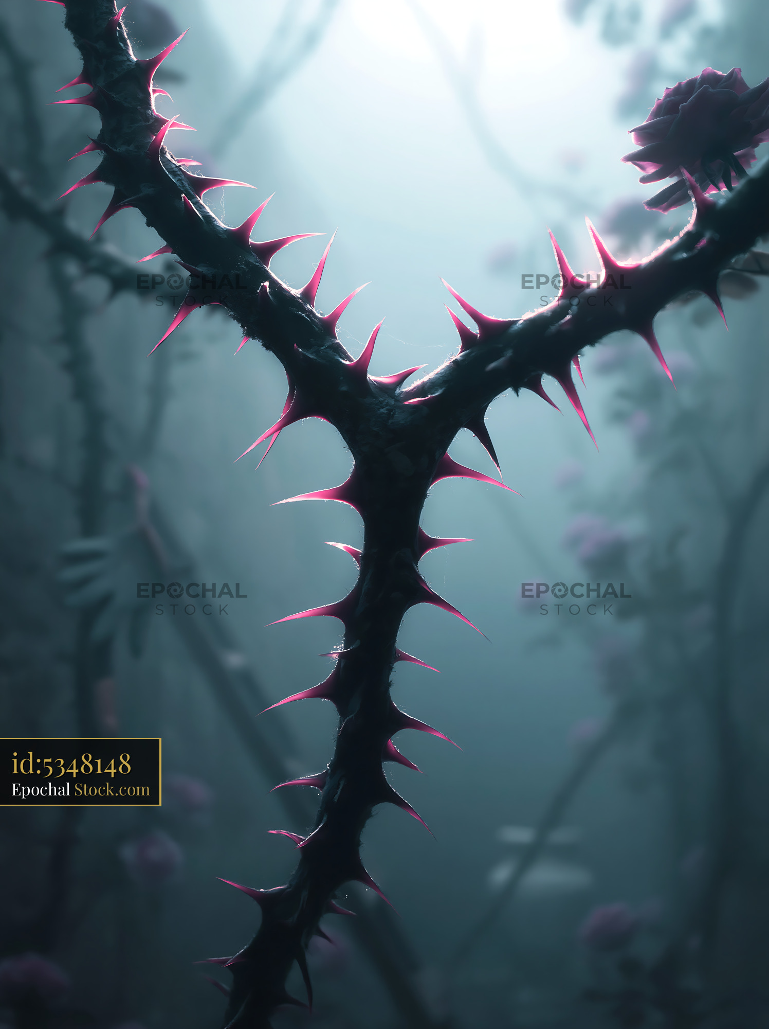 Thorny rose vine climbing an old stone wall in a misty garden - stock photo