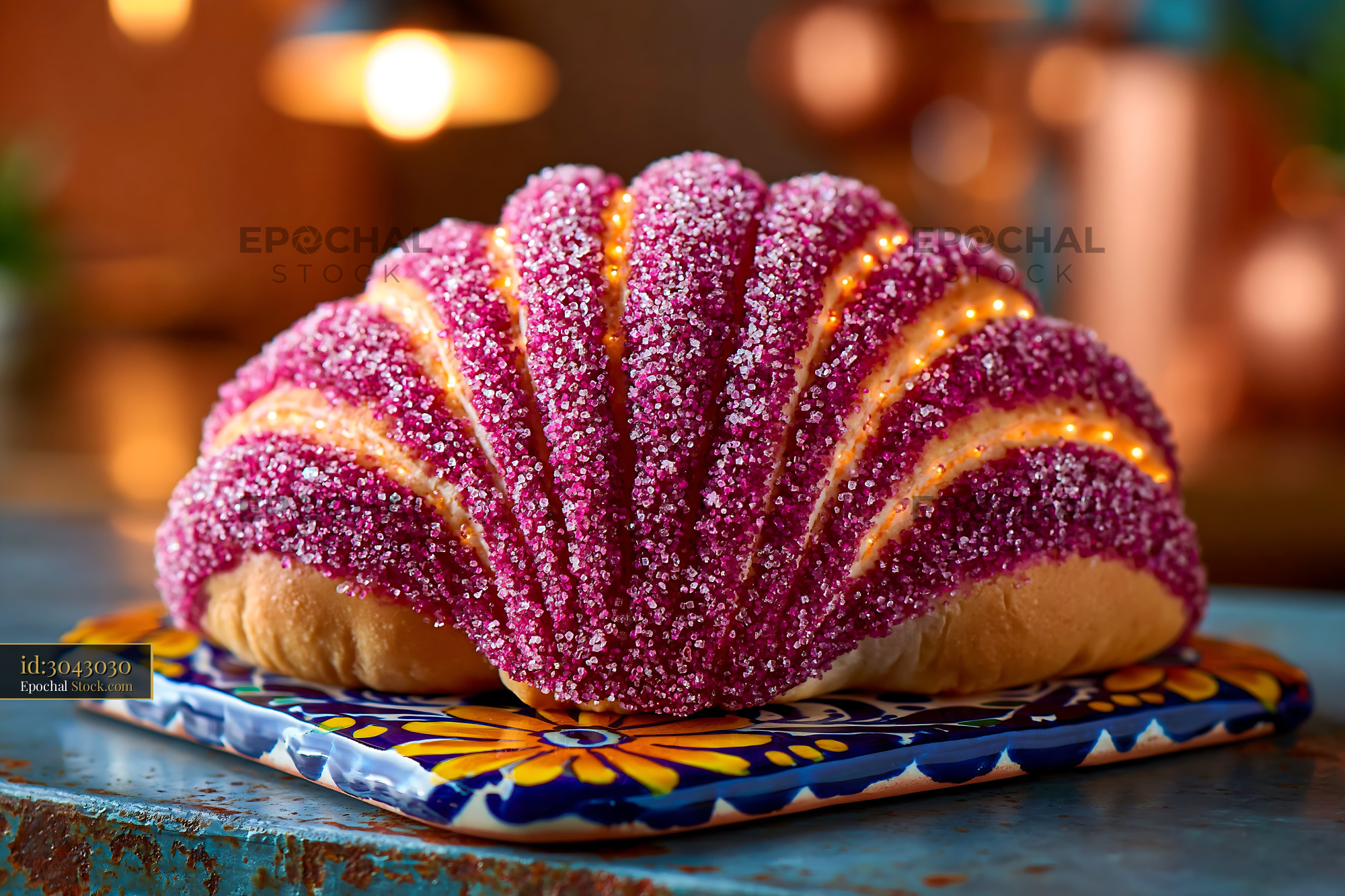 Traditional Mexican concha sweet bread with purple sugar on tile - stock photo