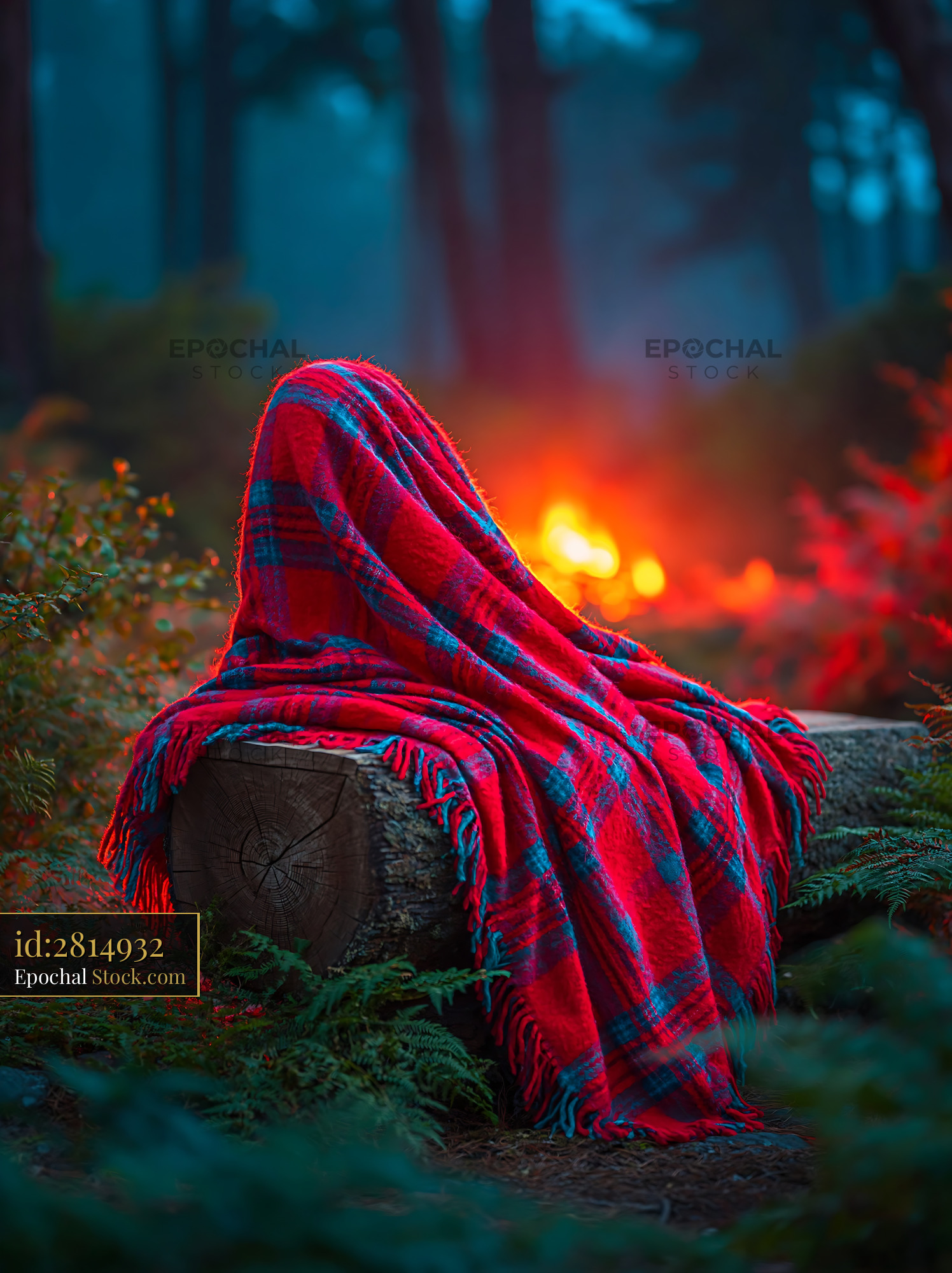 Red plaid blanket draped over a wooden seat in a misty forest - stock photo
