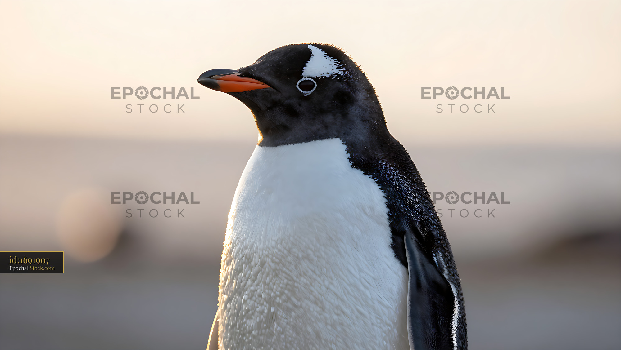 Gentoo penguin portrait in soft golden hour light - stock photo