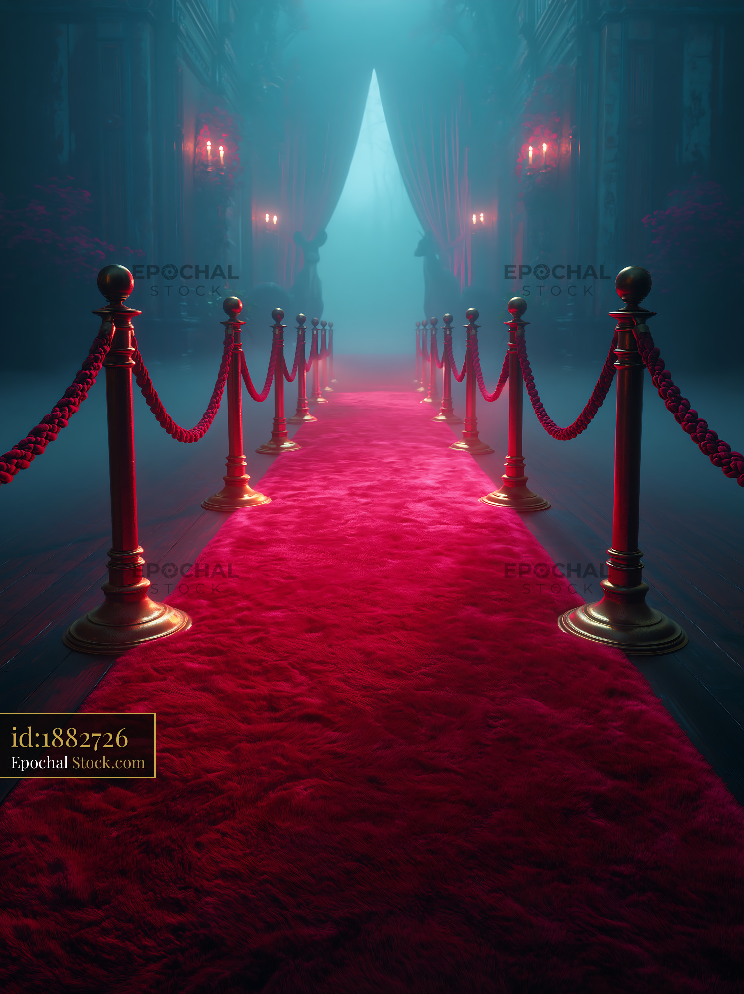 Luxurious red carpet leading to a mysterious foggy gala entrance - stock photo