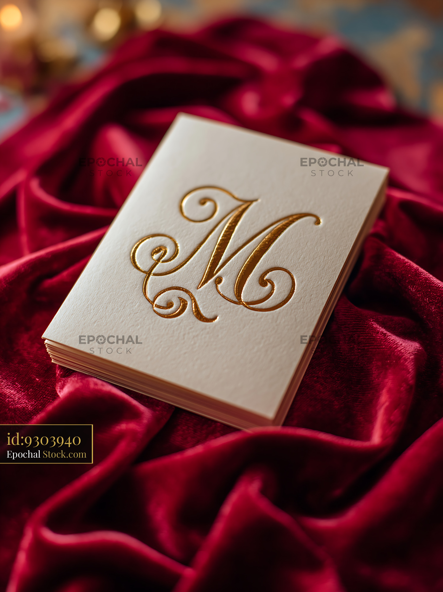 Invitation card on red velvet with gold embossed letter M - stock photo