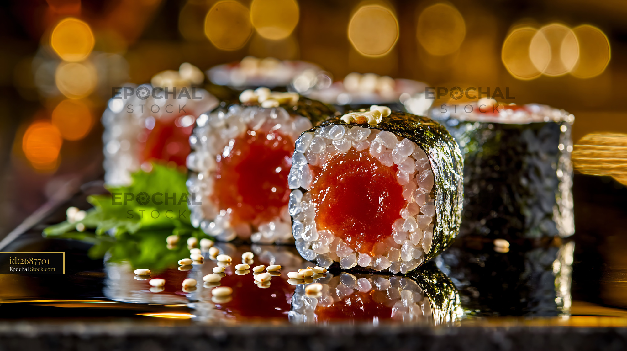 Salted plum umeboshi sushi maki rolls on dark reflective surface - stock photo