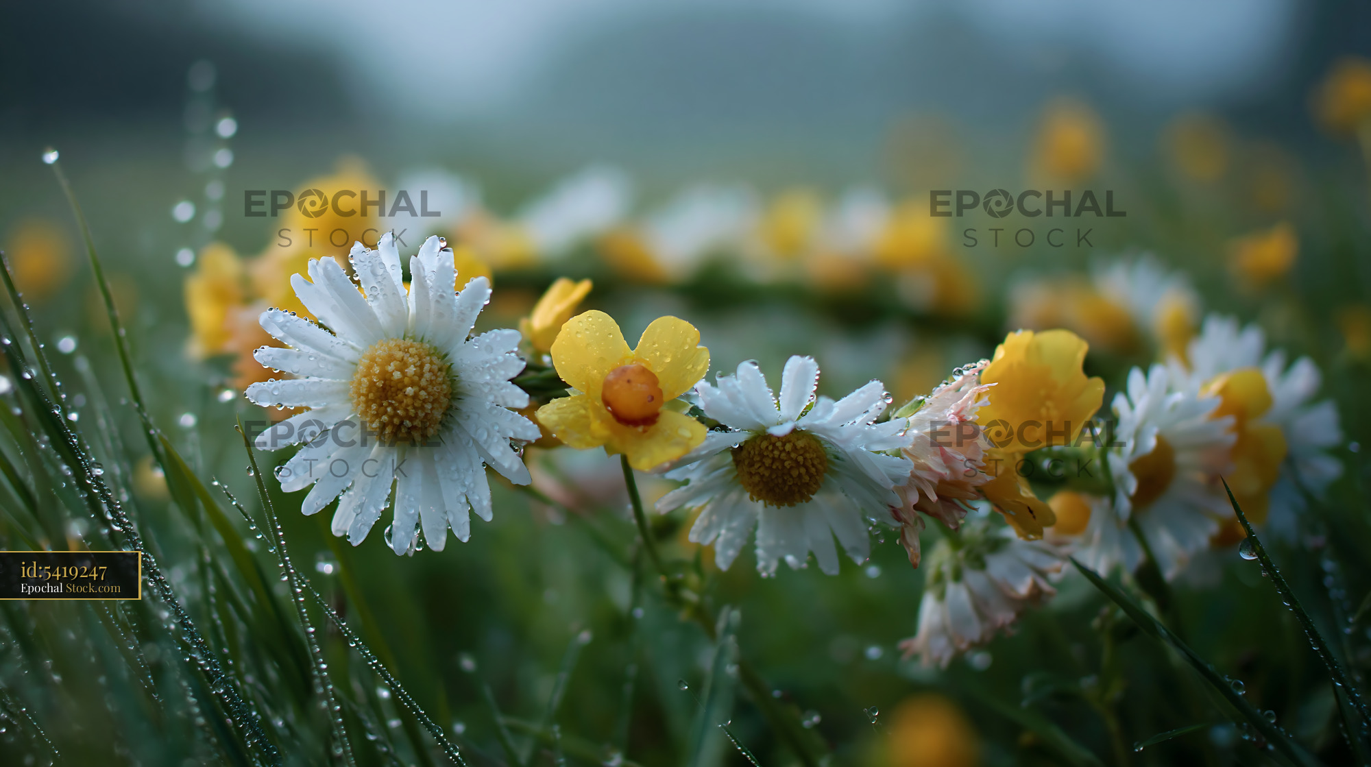 Flower crown with daisies and yellow wildflowers in dew-covered grass - stock photo