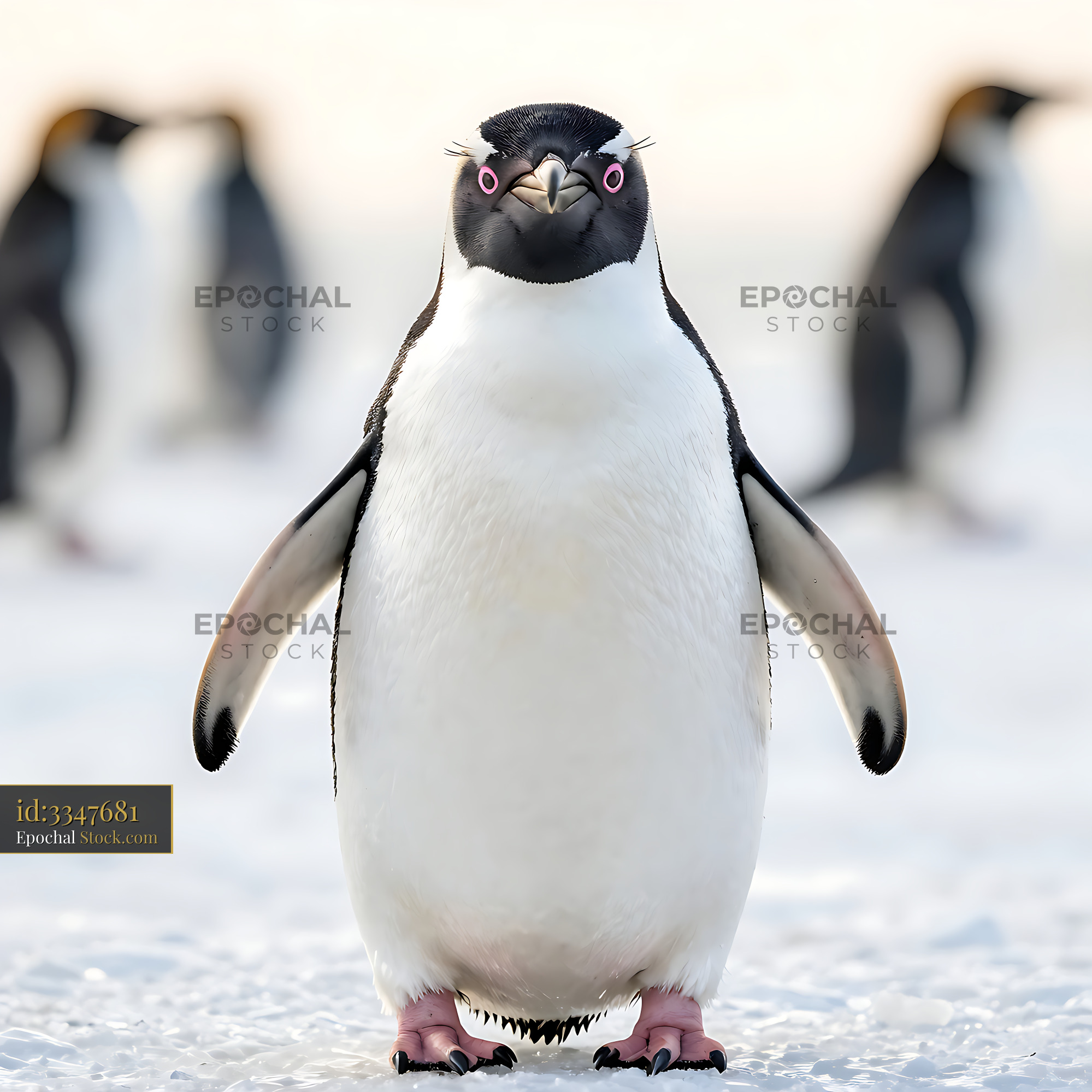 Gentoo penguin standing on bright white snow looking at camera - stock photo