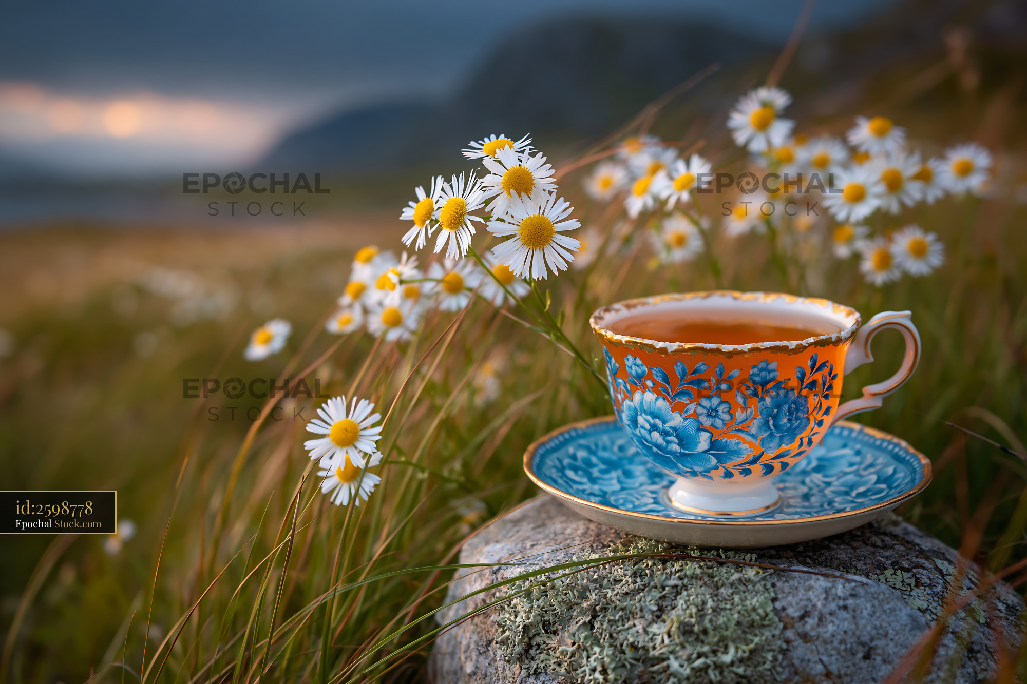 Vintage floral teacup on a rock in a daisy meadow at sunset