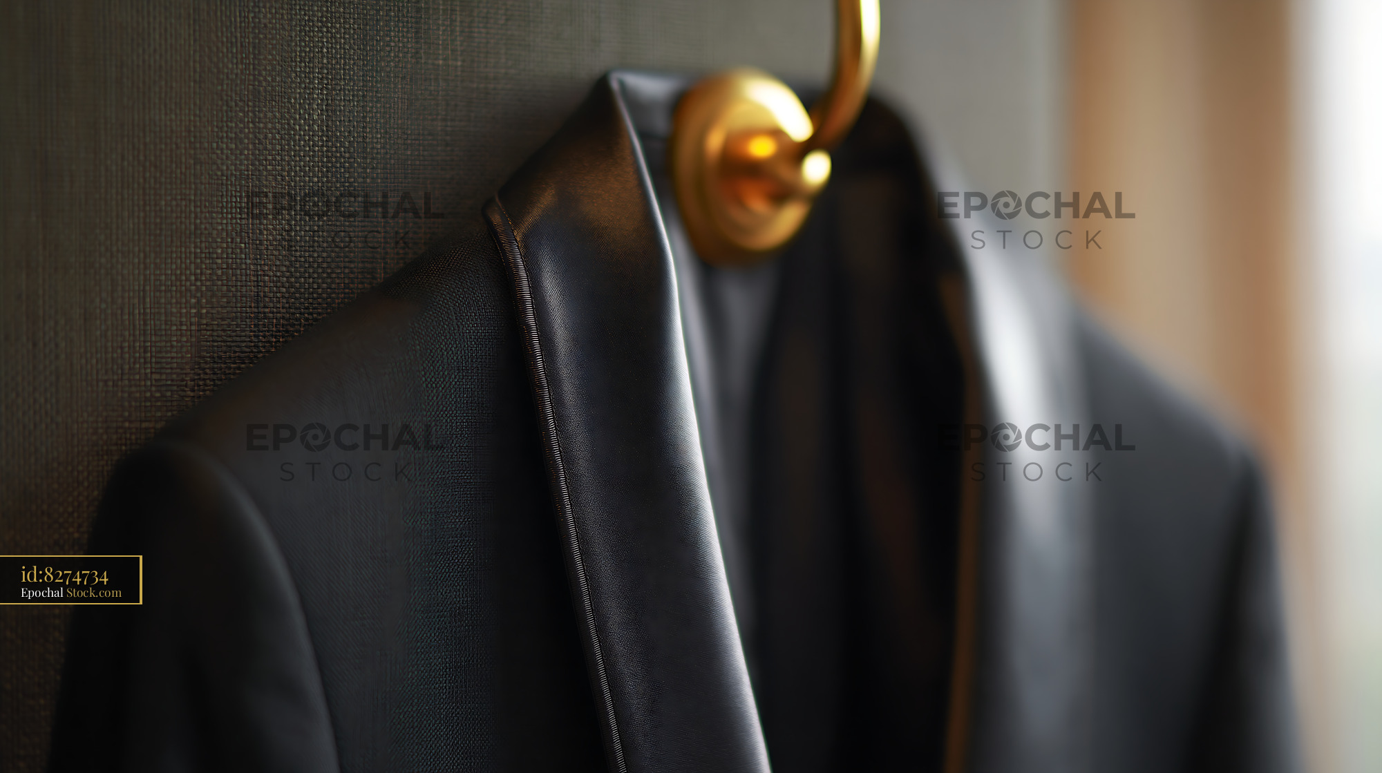 Elegant black tuxedo jacket hanging on a golden hook - stock photo