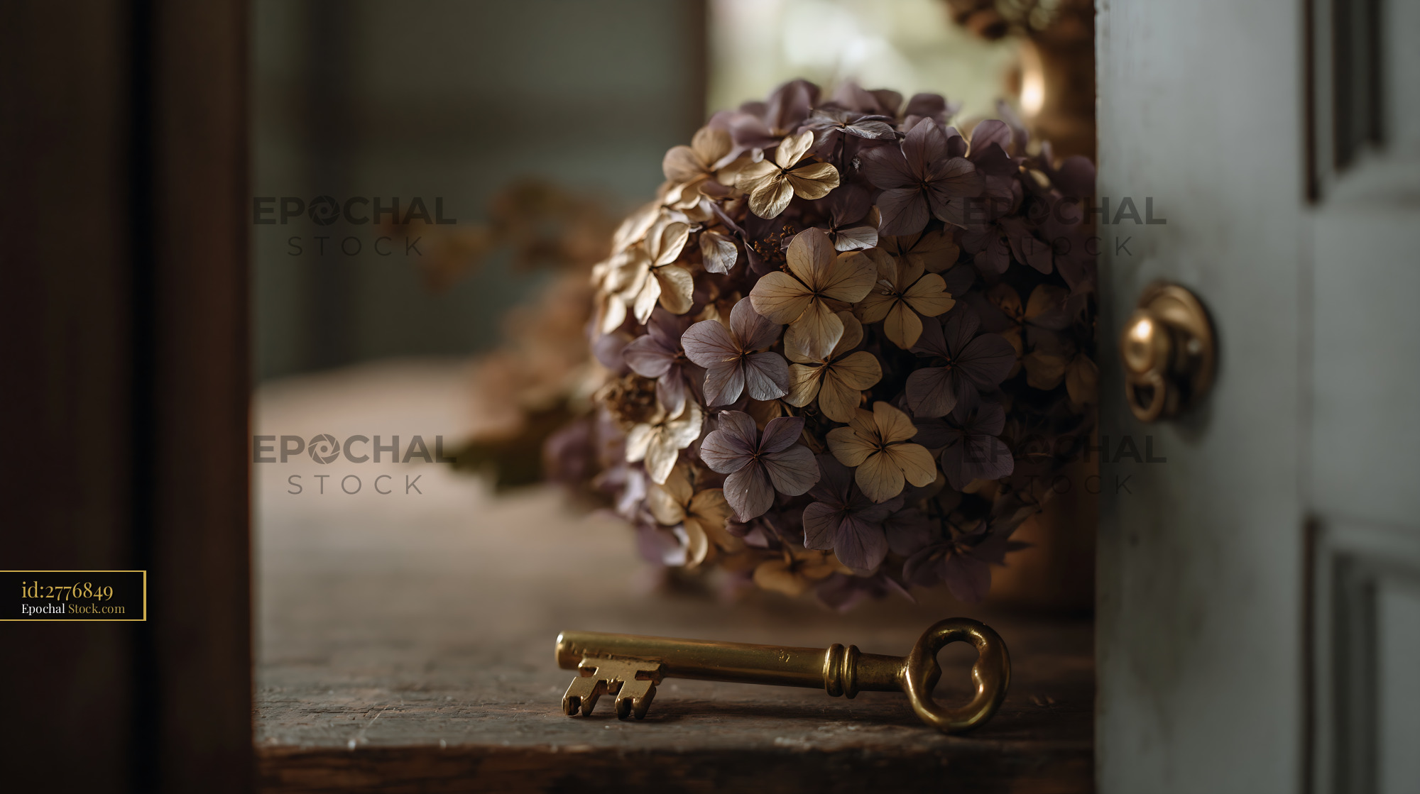 Golden vintage key and dry hydrangea bouquet on rustic wooden table