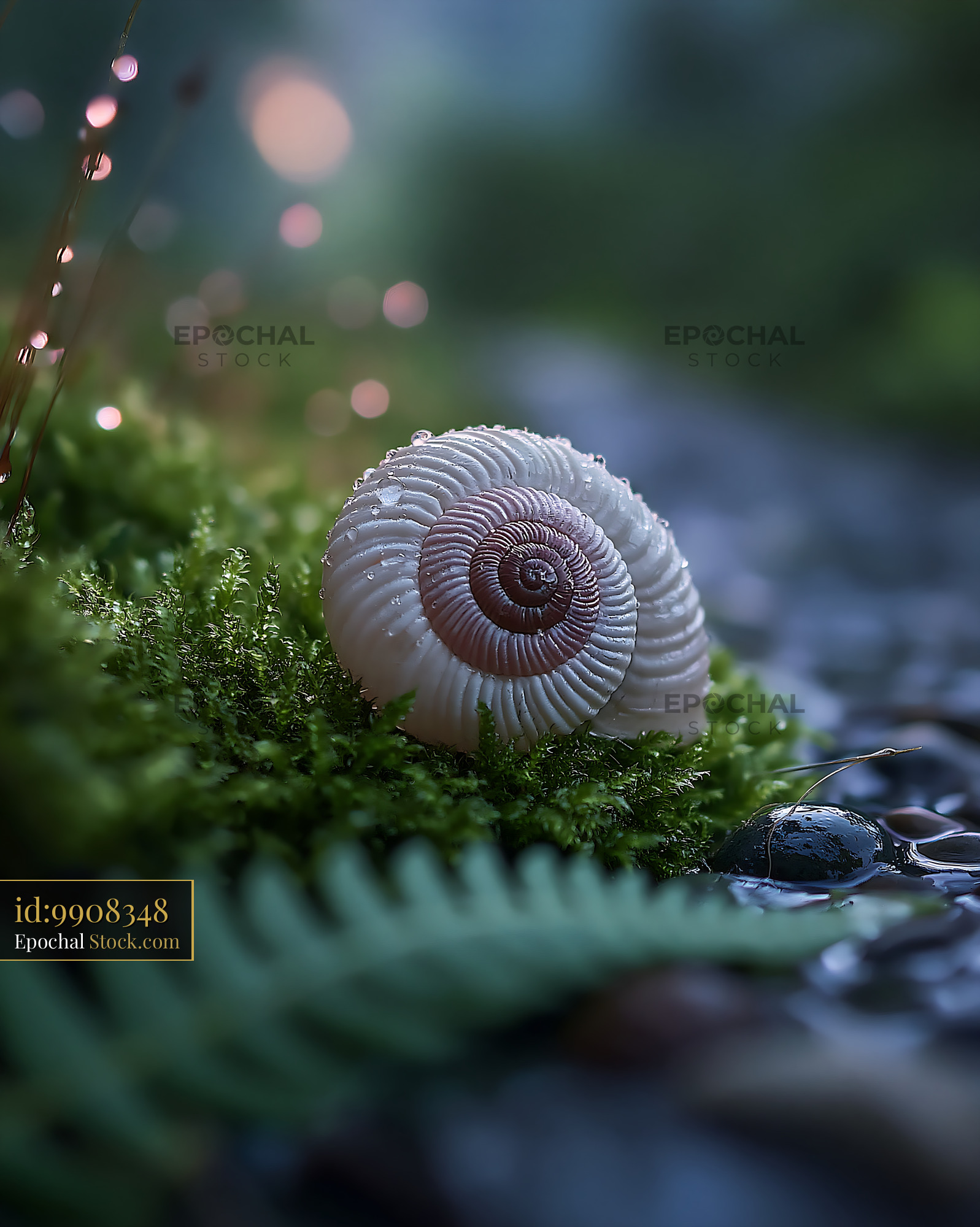 Spiral snail shell resting on wet green moss with morning dew - stock photo