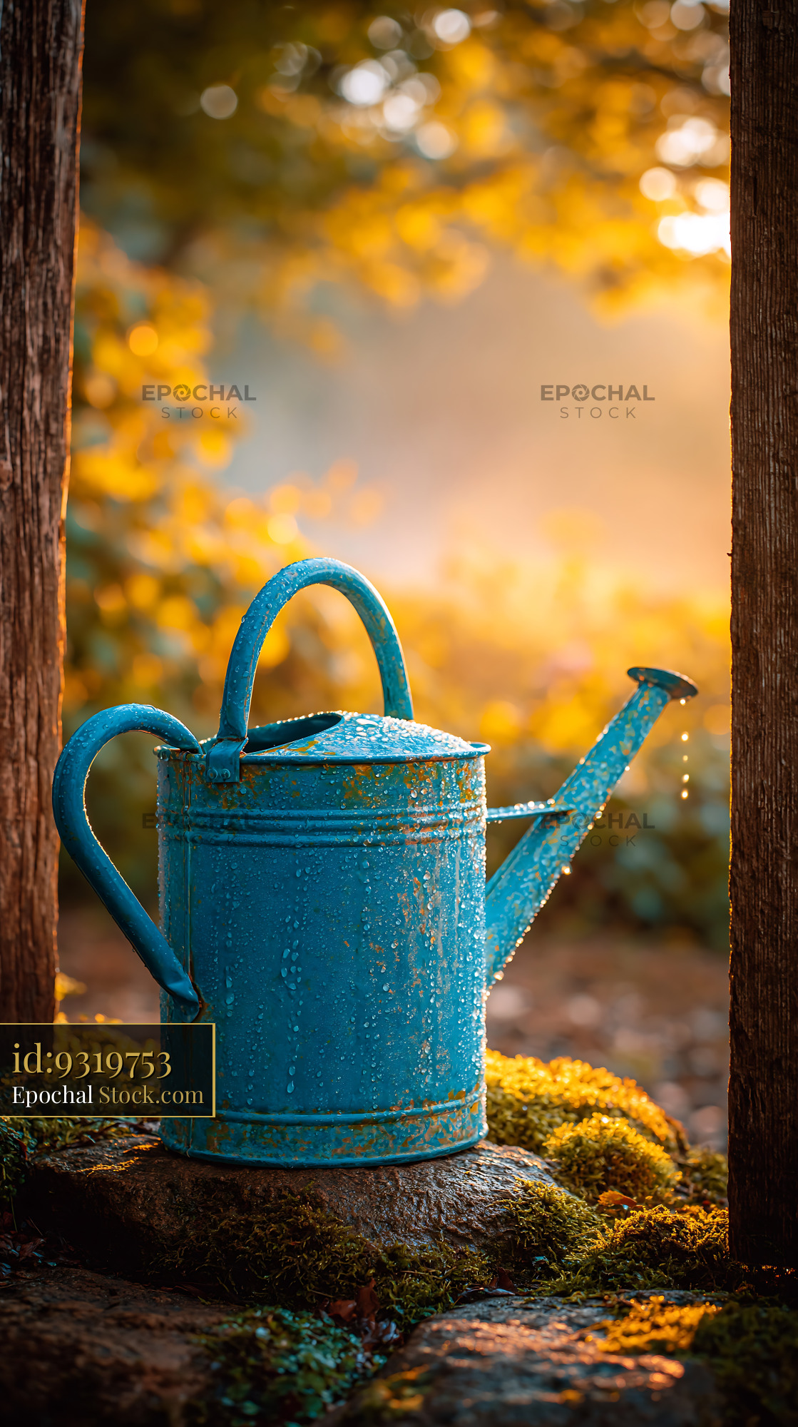 Blue vintage watering can with dew drops in golden morning light - stock photo