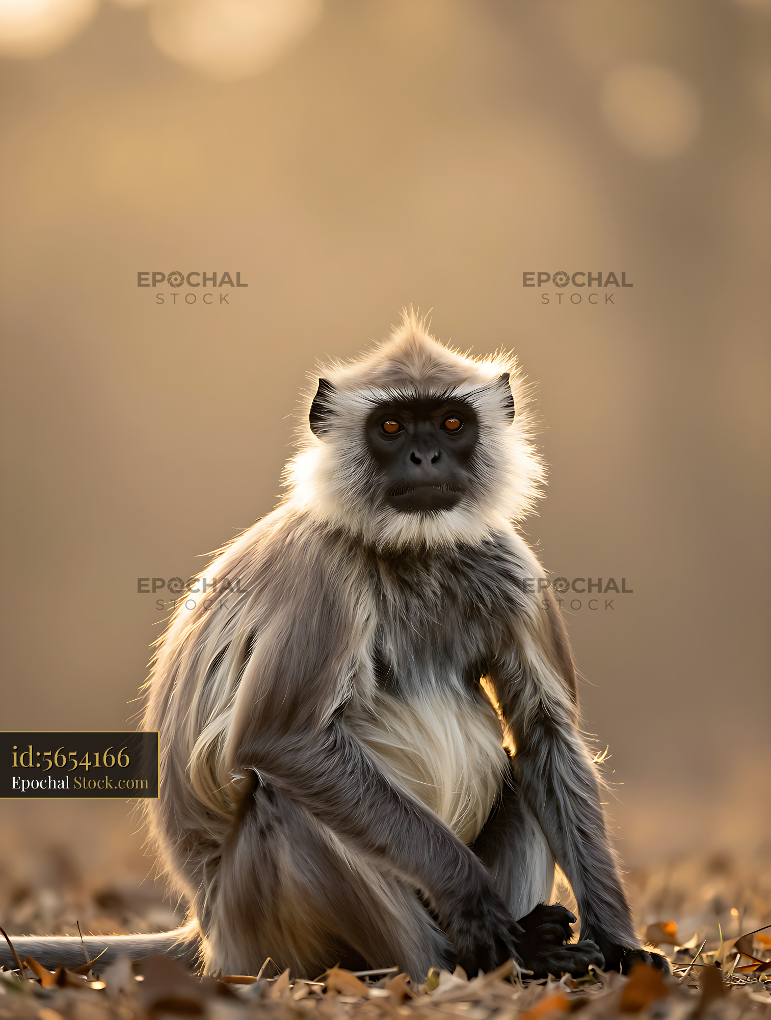 Hanuman langur sitting in golden hour light in the forest - stock photo