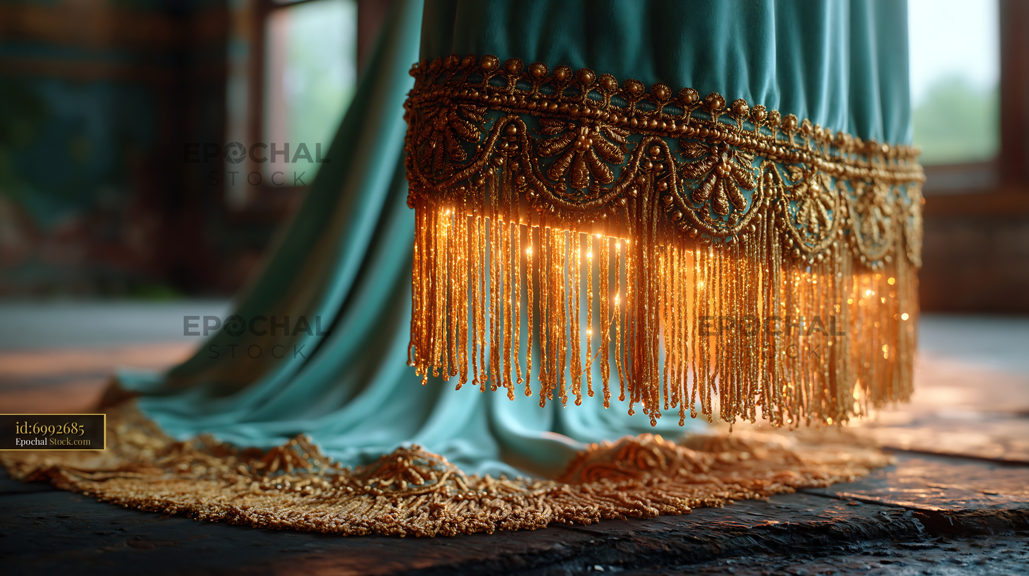 Teal velvet stage curtain with ornate gold fringe and embroidery