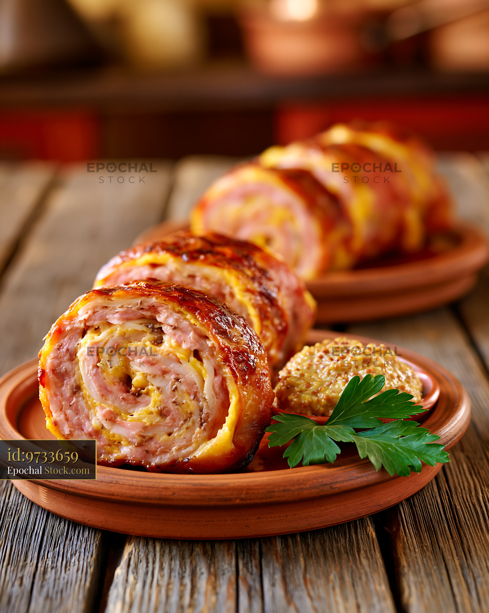 Sliced andouillette de troyes meat served with mustard on rustic wood - stock photo