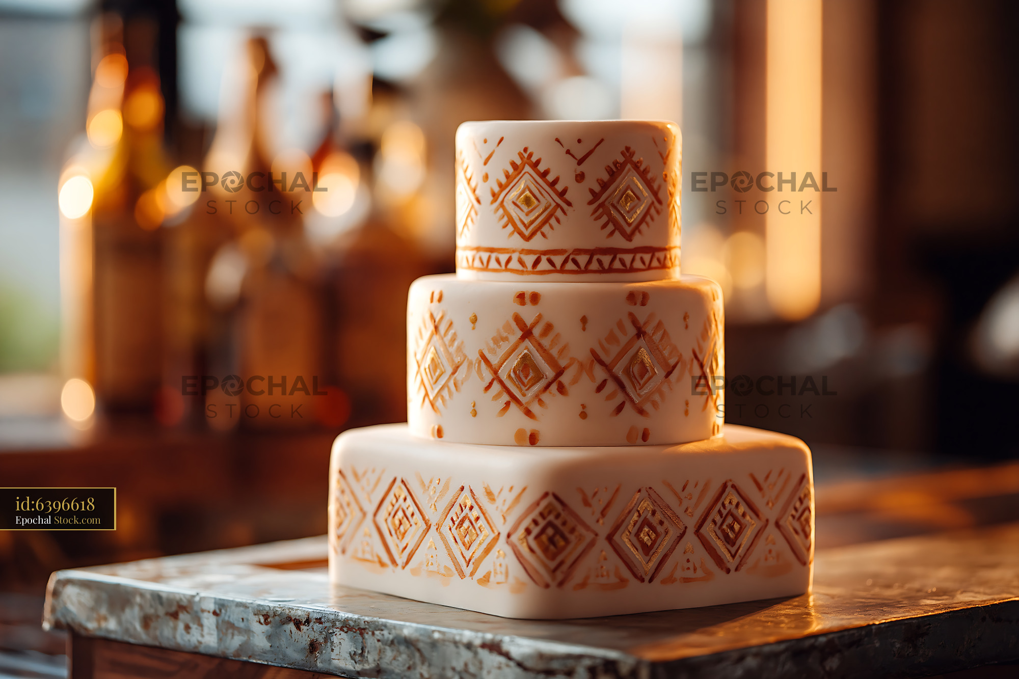 Three tiered wedding cake with gold hand painted geometric patterns - stock photo