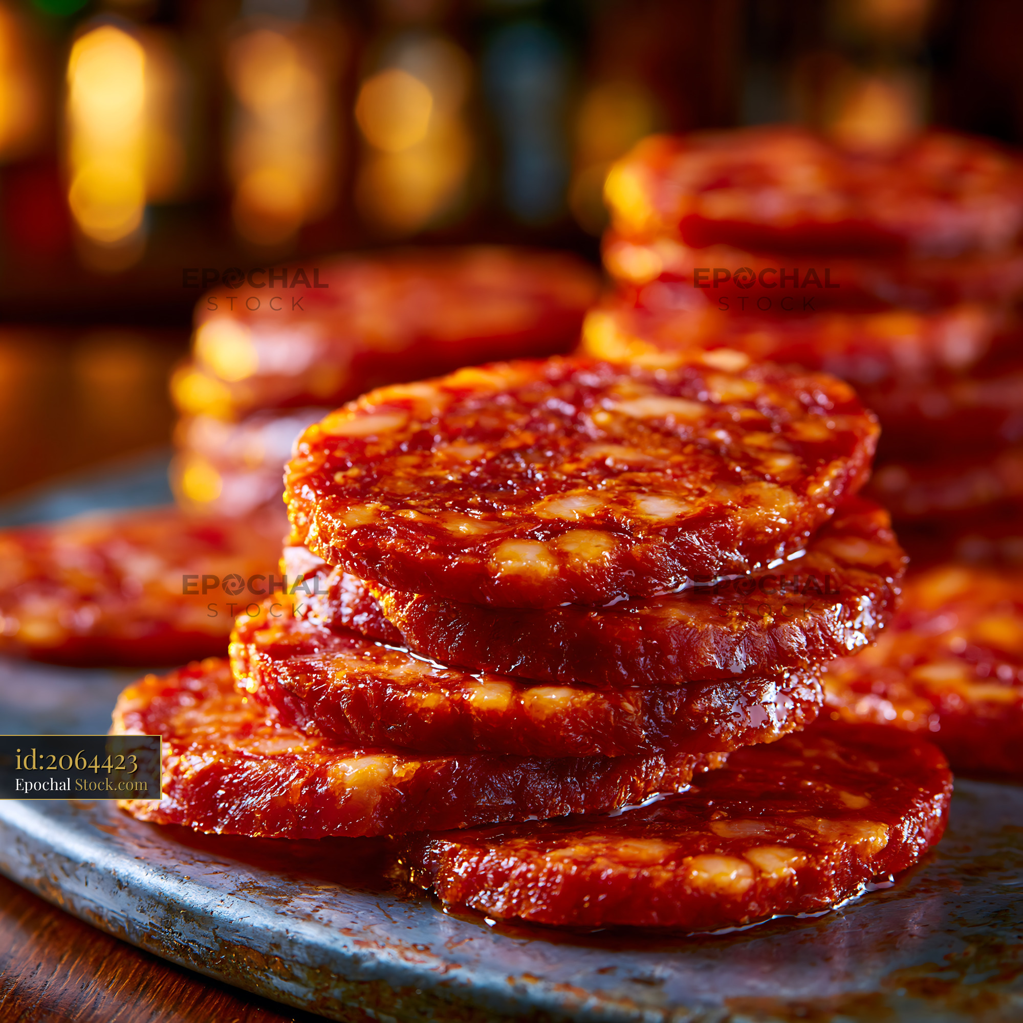 Slices of chorizo de cantimpalos meat stacked on a rustic tray - stock photo