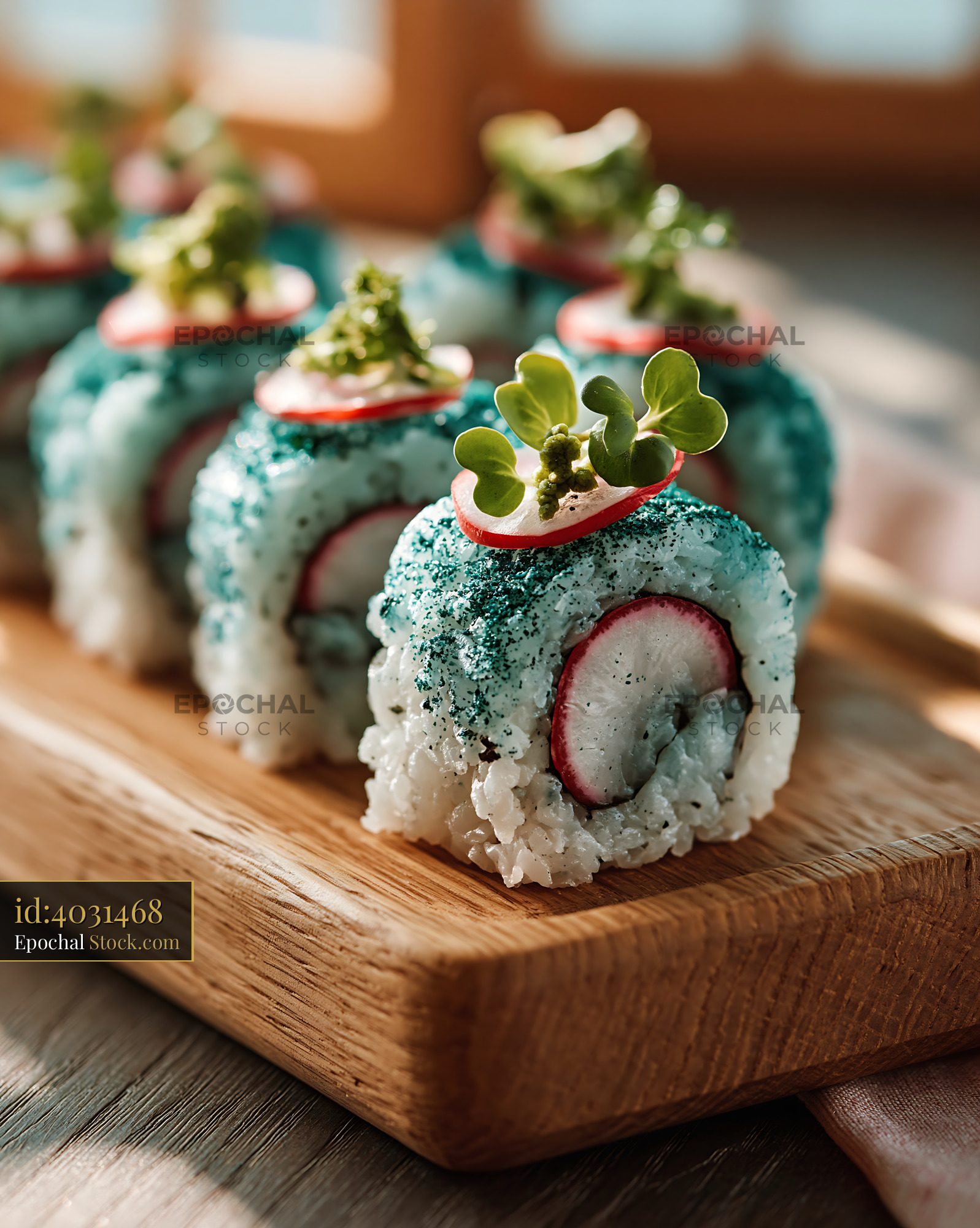 Gourmet spirulina powder sushi rolls with radish and fresh sprouts - stock photo