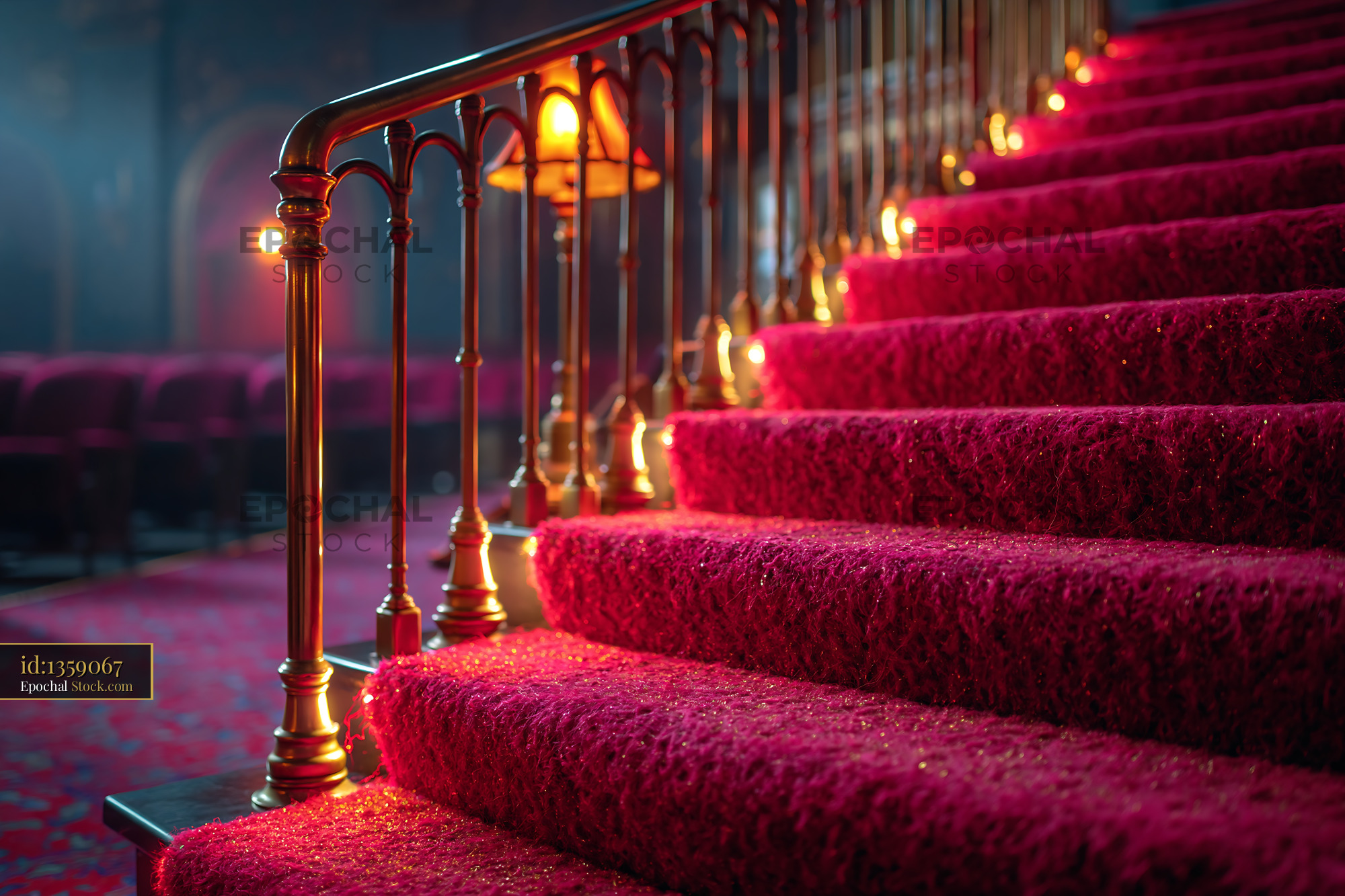 Red carpet stairs with brass railing in an empty theater - stock photo