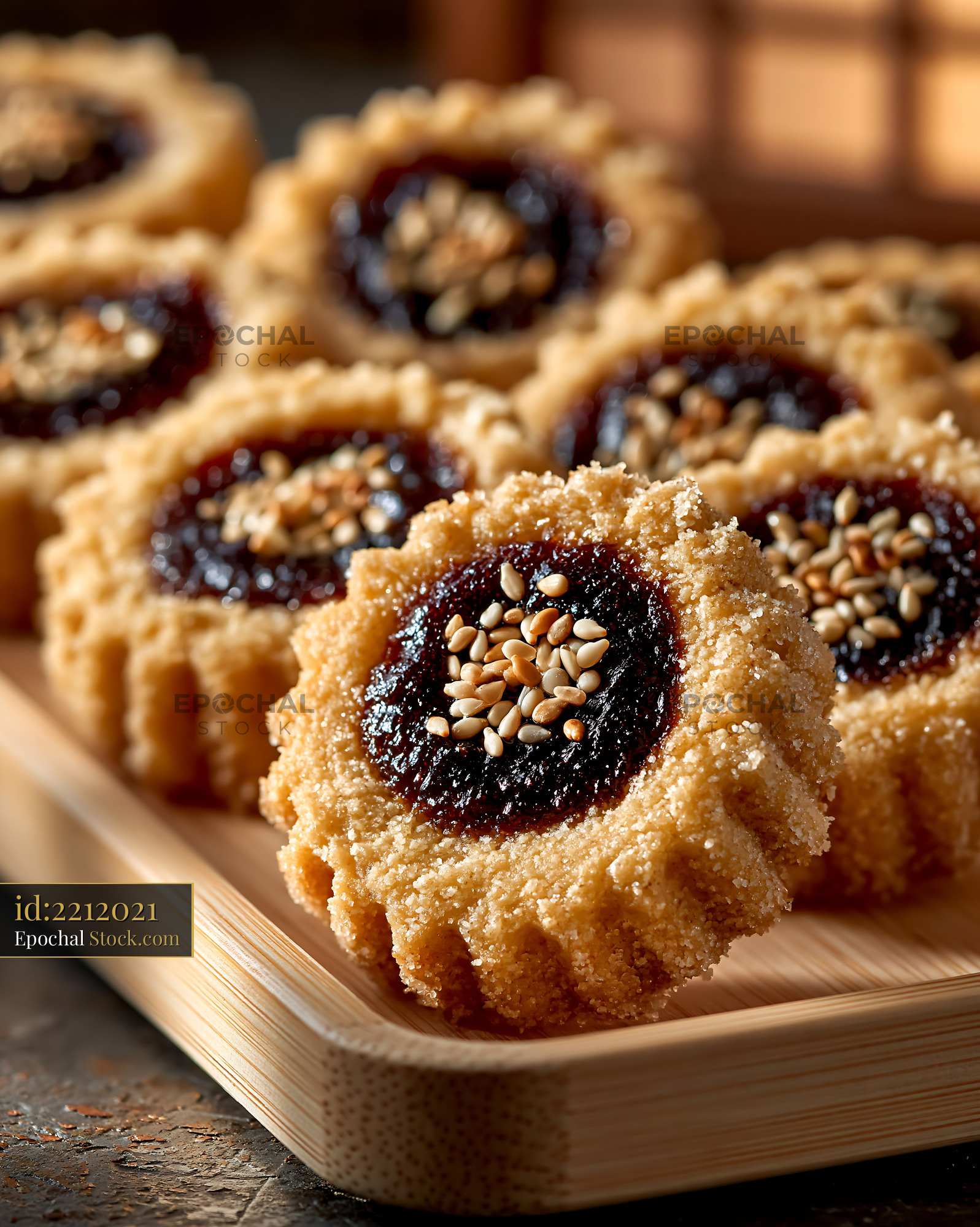 Homemade tahini date biscuits topped with toasted sesame seeds - stock photo